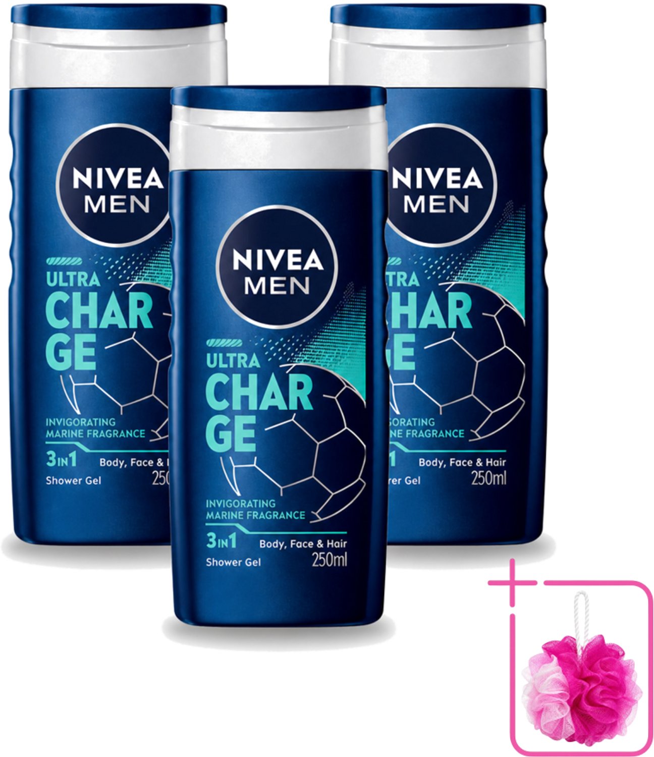 3 x Nivea Men – Douchegel – Ultra Charge – 250 ml - Bulkverpakking - Douchegel voor mannen - Douchemop - Verzorging van huid