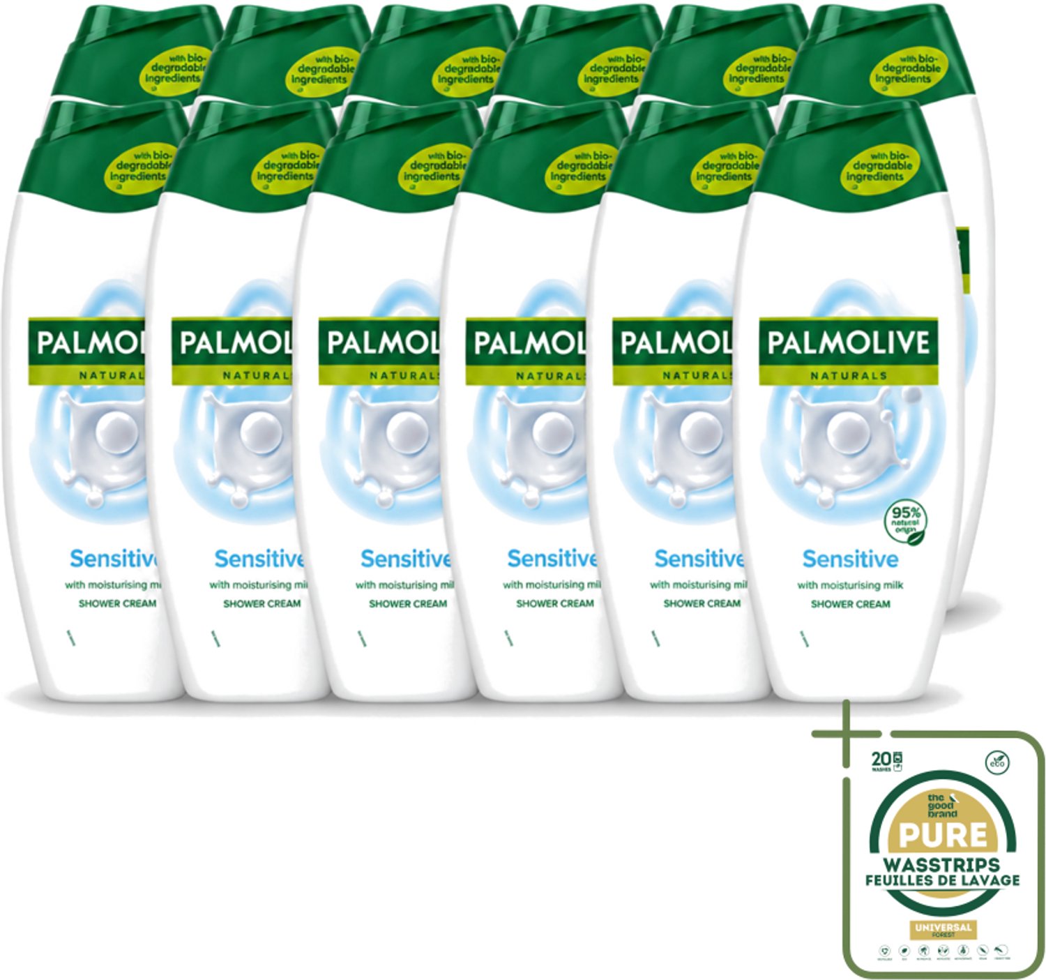 12 x Palmolive Naturals - Douchegel - Sensitive - Voor Gevoelige Huid - 500 ml - Wasstrips - Douchegel - Gevoelige Huid - Melkproteïnen - Zachte Reiniging - Dermatologisch Getest