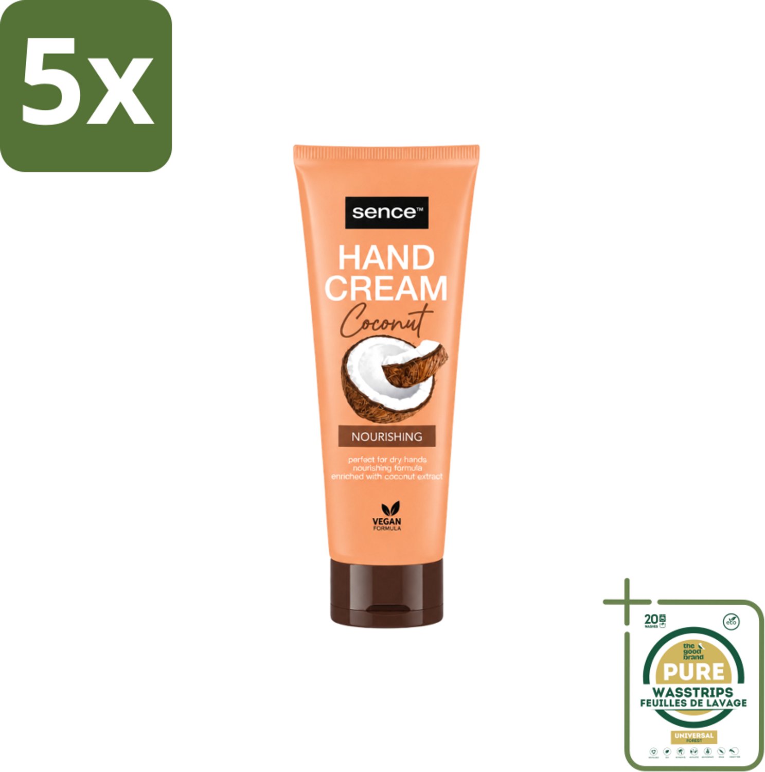 5 x Sence – Handcrème – Coconut Nourishing – 75 ml - Wasstrips - Handcrème - Kokosolie - Droge Handen - Hydratatie - Handverzorging