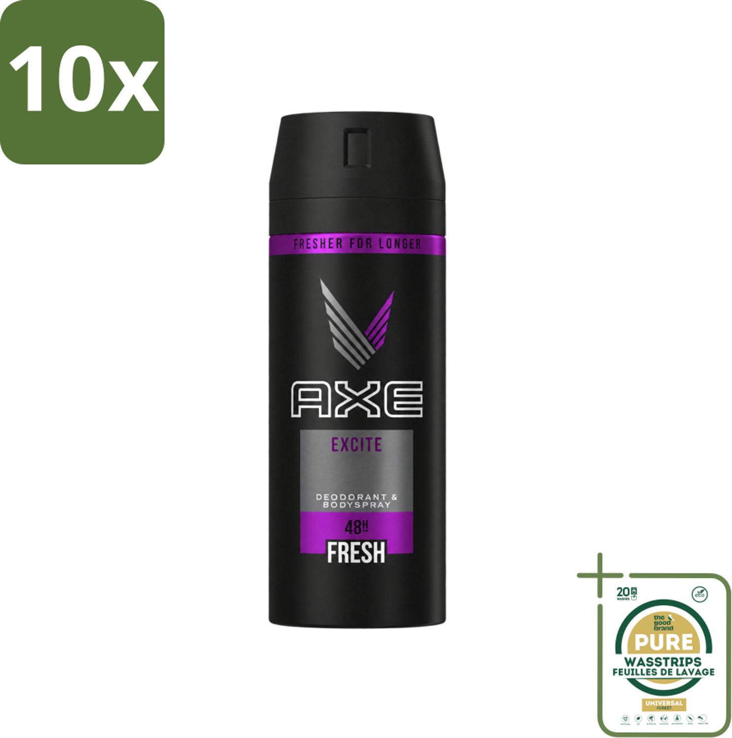 10 x Axe - Deodorant Bodyspray - 48hrs Fresh - Excite - 150 ml - Wasstrips - Axe Excite - Deodorant Bodyspray - Geur - Lichaamsgeur Bescherming - Langdurige Bescherming