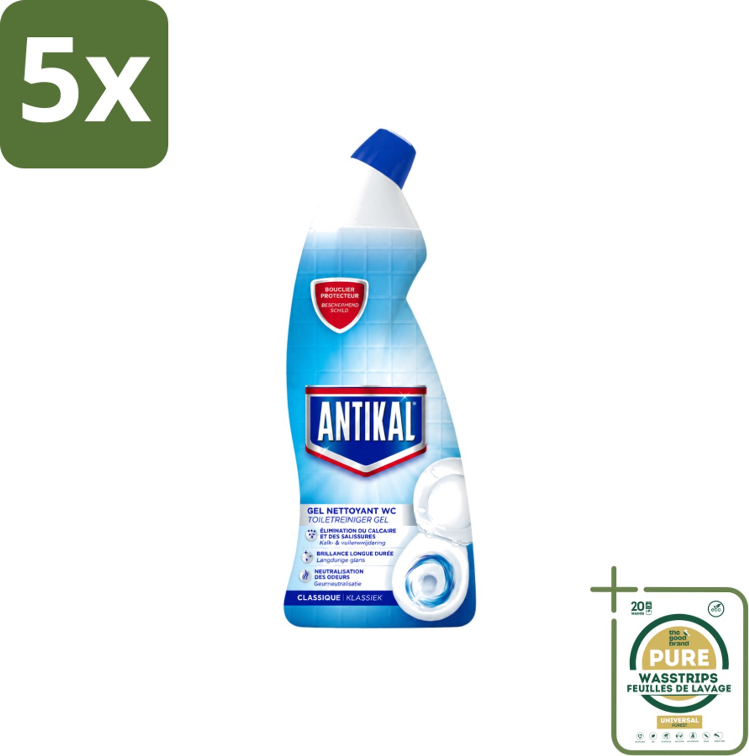5 x Antikal - Toiletreiniger - Verwijdert Kalkaanslag & Vuil - 750 ml - Wasstrips - Toiletreiniger - Kalkaanslag - Reinigen Toilet - Fris Toilet - Geurinsluitend