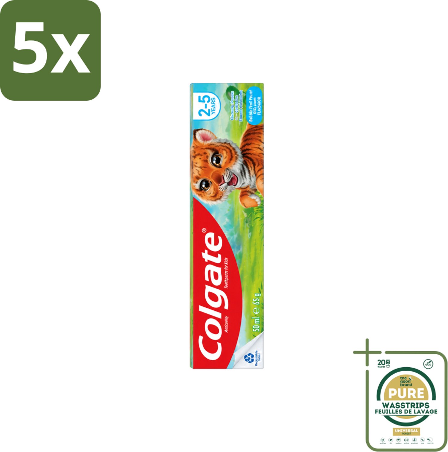 5 x Colgate - Bubble Fruit - Kindertandpasta - Voor 2 tot 5 jaar oud - 50ml - Wasstrips - Kindertandpasta - Gaatjes Bestrijden - Melktanden Beschermen - Tandpasta Voor Kinderen - Bubble Fruit Smaak