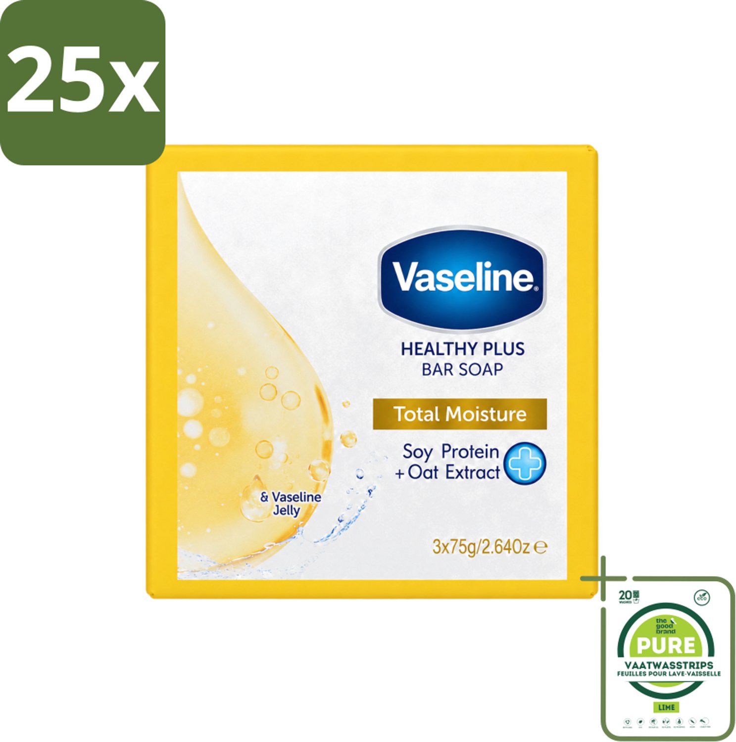 25 x Vaseline - Total Moisture - Zeeptablet - Healthy Plus - 3x75 g - Grootverpakking - Vaatwasstrips - Zeep - Huidverzorging - Hydratatie - Reiniging - Gezond Huid