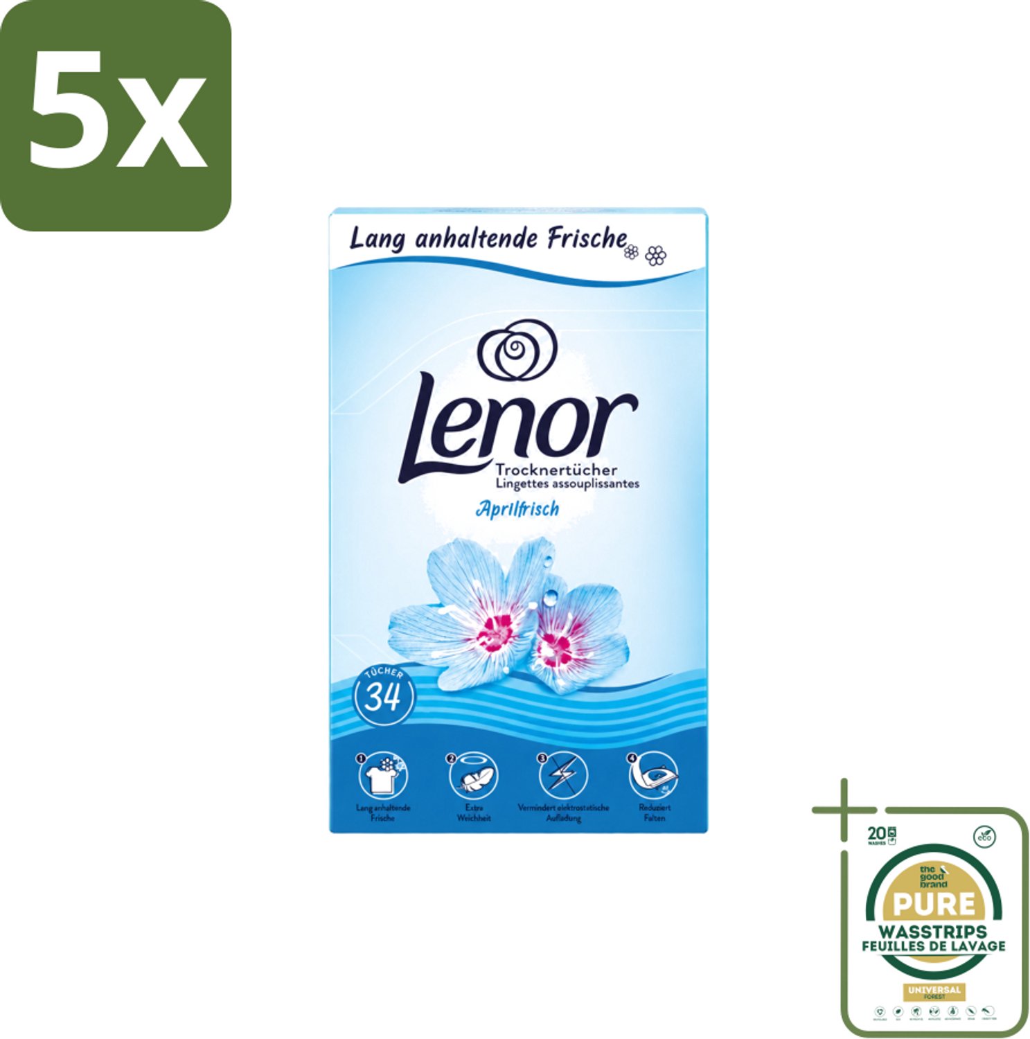 5 x Lenor - Droogtrommeldoekjes - Aprilfris - Textielverfrisser - 34 Doekjes - Wasstrips - Droogtrommeldoekjes - Wasdoekjes - Textielverfrisser - Frisheid - Statische Elektriciteit