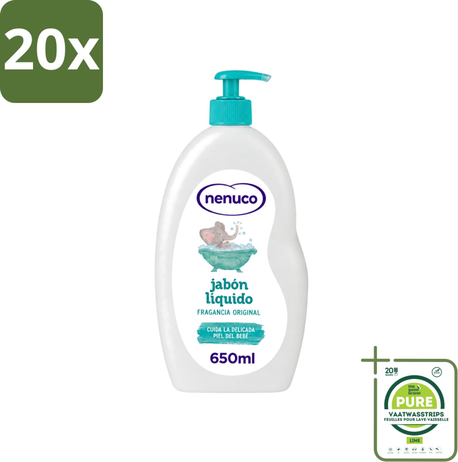 20 x Nenuco - Jabon Líquido - Vloeibare Zeep - Originele Geur - Met Doseerpomp - 650 ml - Grootverpakking - Vaatwasstrips - Vloeibare Zeep - Zeep Voor Baby - Handzeep - Douchegel - Badzeep