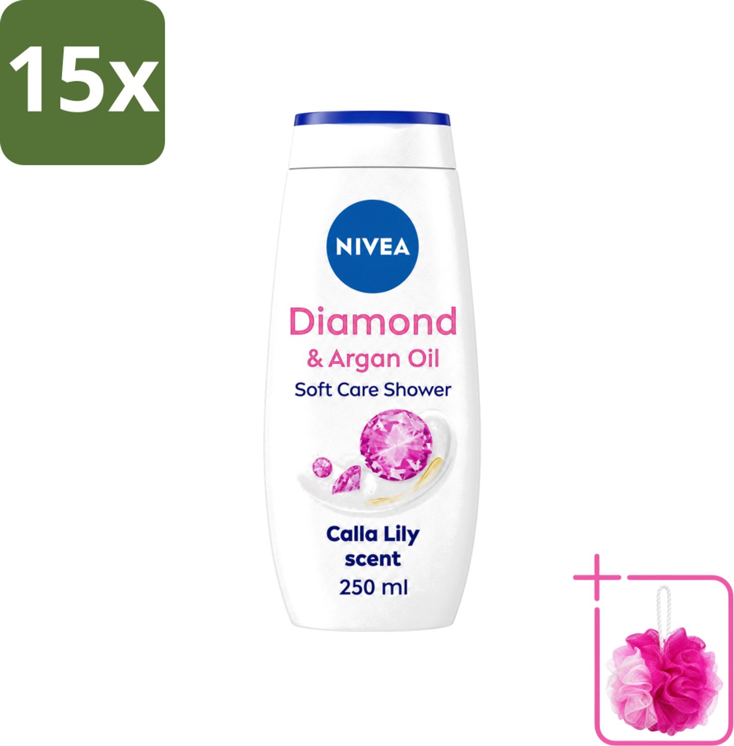 15 x Nivea - Diamond Touch Douchegel - Sensuele Leliegeur - 250 ml - Bulkverpakking - Douchegel - Douchemop - Diamantpoeder
