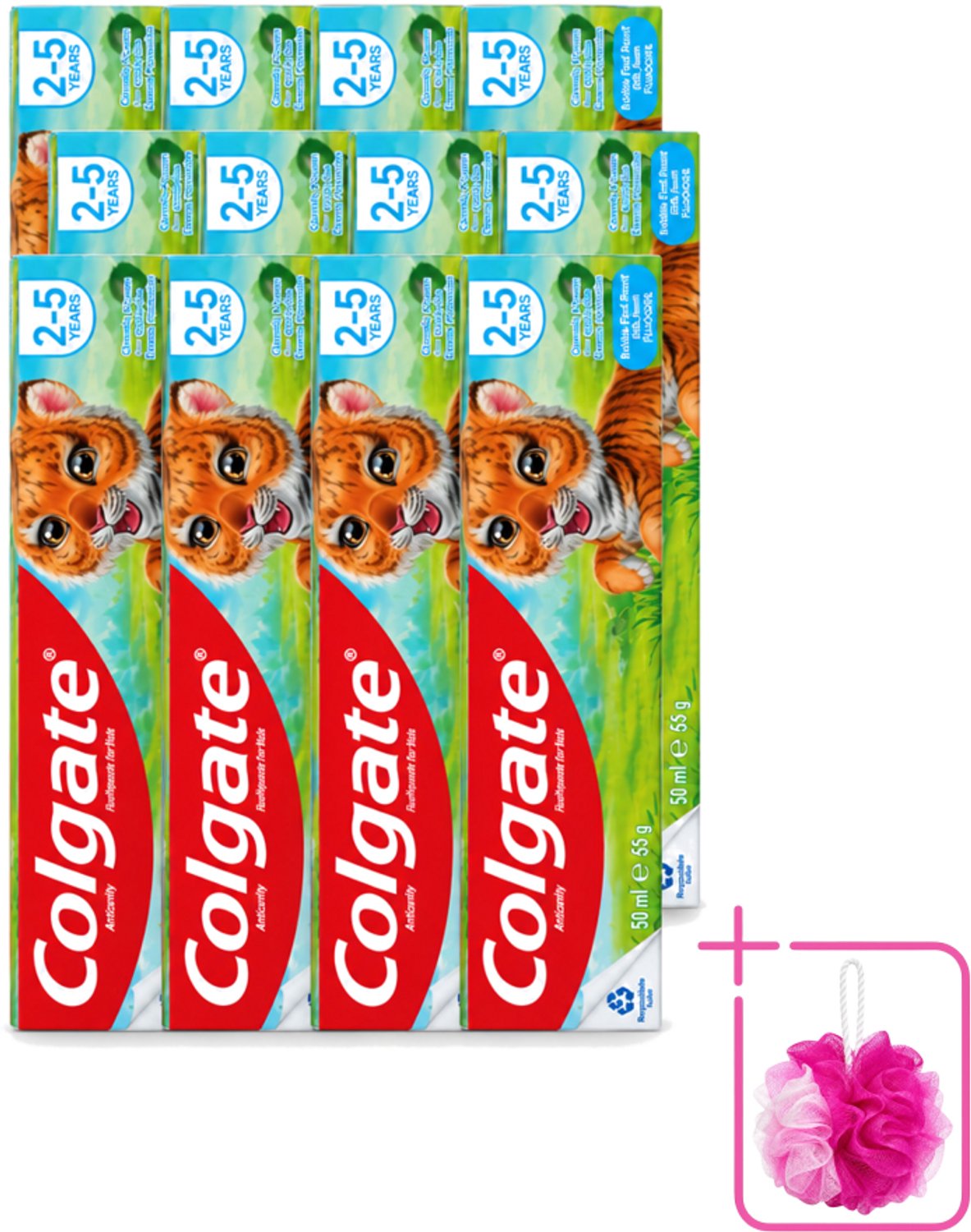 12 x Colgate - Bubble Fruit - Kindertandpasta - Voor 2 tot 5 jaar oud - 50ml - Bulkverpakking - Kinder tandpasta - Douchemop - Melktanden beschermen
