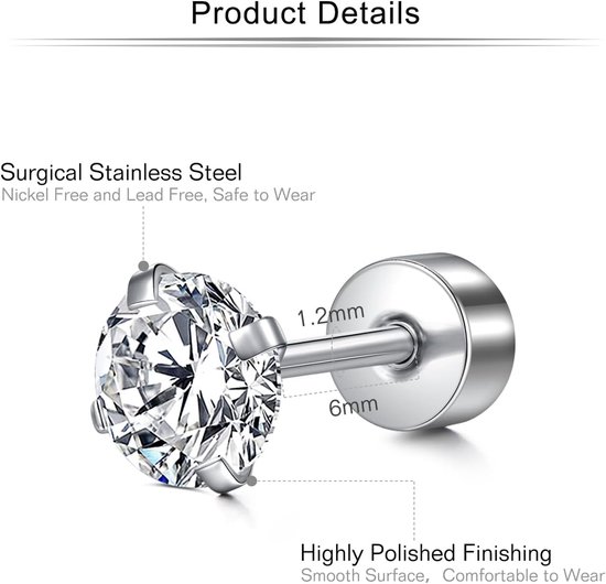 16 g roestvrij staal kraakbeen helix tragus stud oorringen 6 mm 8 mm platte achterkant diamant lip labret bar zilver zwart rose goud — afbeelding 2