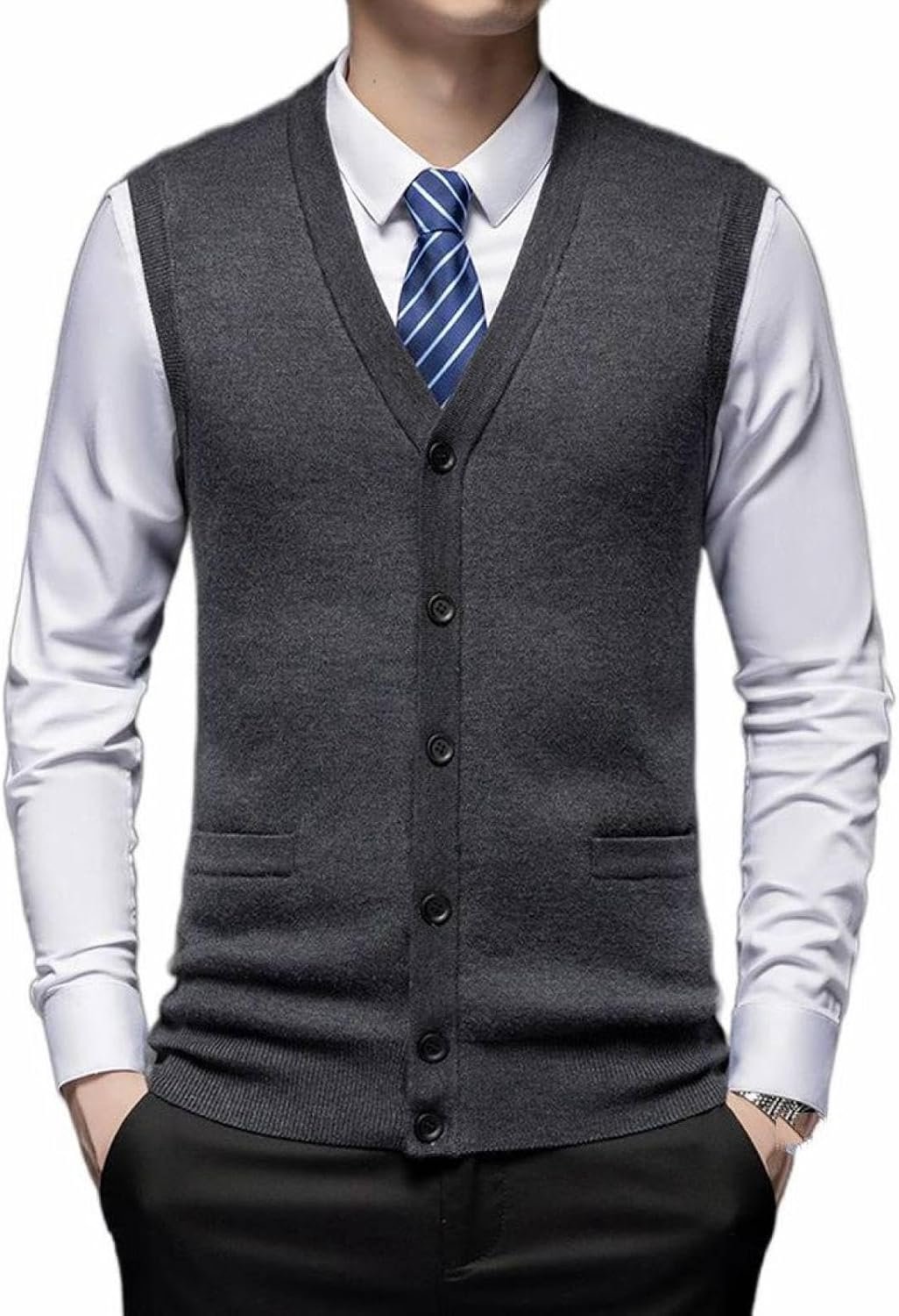 Vest Voor Heren Met V-Hals, Jeugdmode Verdikt Gebreid Vest Bovenkleding Casual Trendy Trui, Klassieke Zakelijke Heren Gebreide Vest Trui Vest Tanktops,Donkergrijs,S