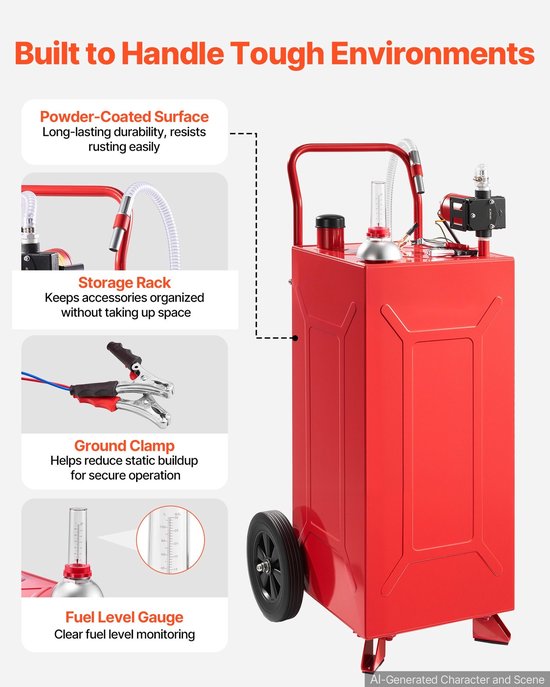 Brandstoftrolley - Mobiel Brandstoftanksysteem - 113,6 l - 12V Elektrische Pomp - Voor Benzine en Diesel - 2 Wielen - Oliepeilindicator - Rood — afbeelding 5
