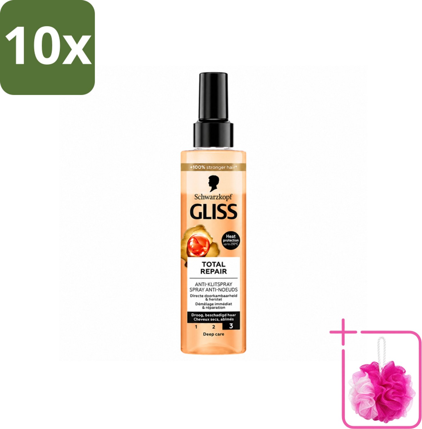 10 x Gliss - Total Repair Anti-Klit Spray - Voor Beschadigd en Droog Haar - 200 ml - Bulkverpakking - Haarkleur - Douchemop - Haarherstel