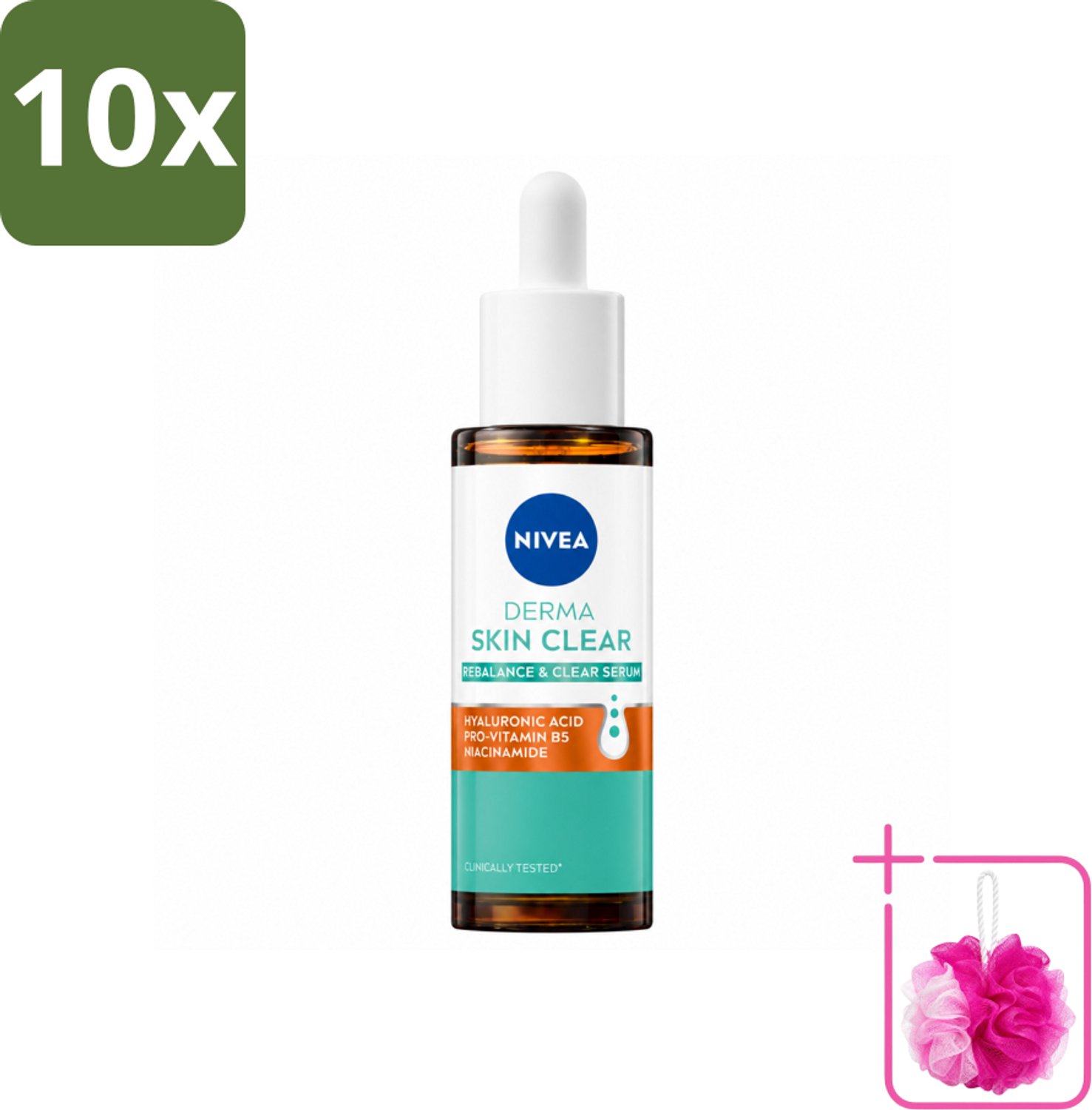 10 x Nivea - Derma - Skin Clear Serum - Zuiverend en Kalmerend - Met Hyaluronzuur en Niacinamide - 30 ml - Bulkverpakking - Huidzuiverend serum - Douchemop - Huidkalmerend serum