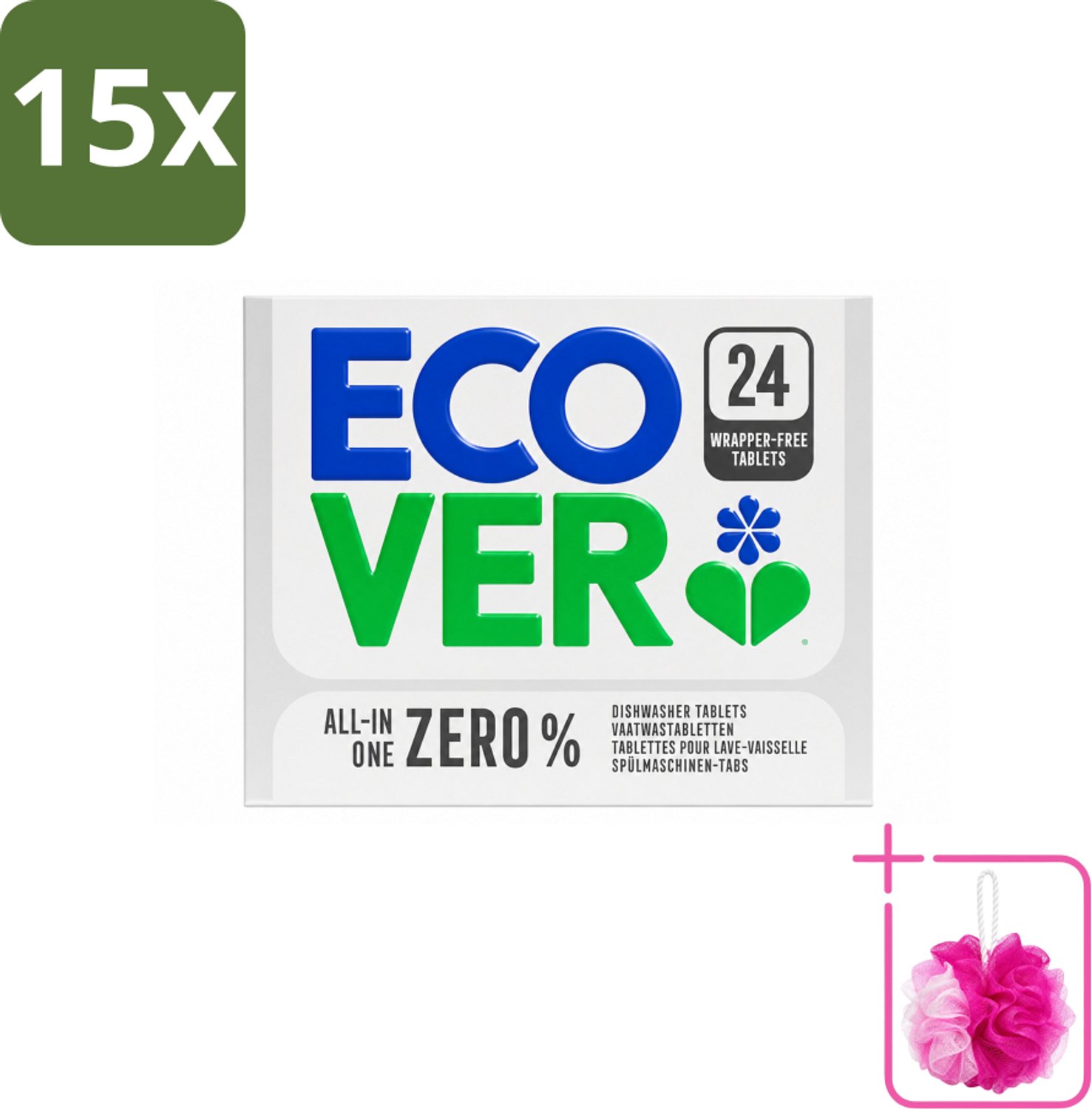15 x Ecover - Vaatwastabletten All-in-One Zero% - 24 Tabs - Bulkverpakking - Vaatwasmiddel - Douchemop - Vaatwastablet
