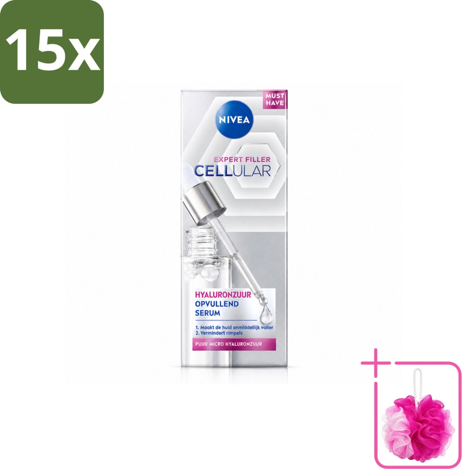 15 x Nivea - Cellular - Expert Filler Hyaluronzuur Serum - Rimpelvullend en Hydraterend - 30 ml - Bulkverpakking - Hyaluronzuur serum - Douchemop - Rimpelvulling