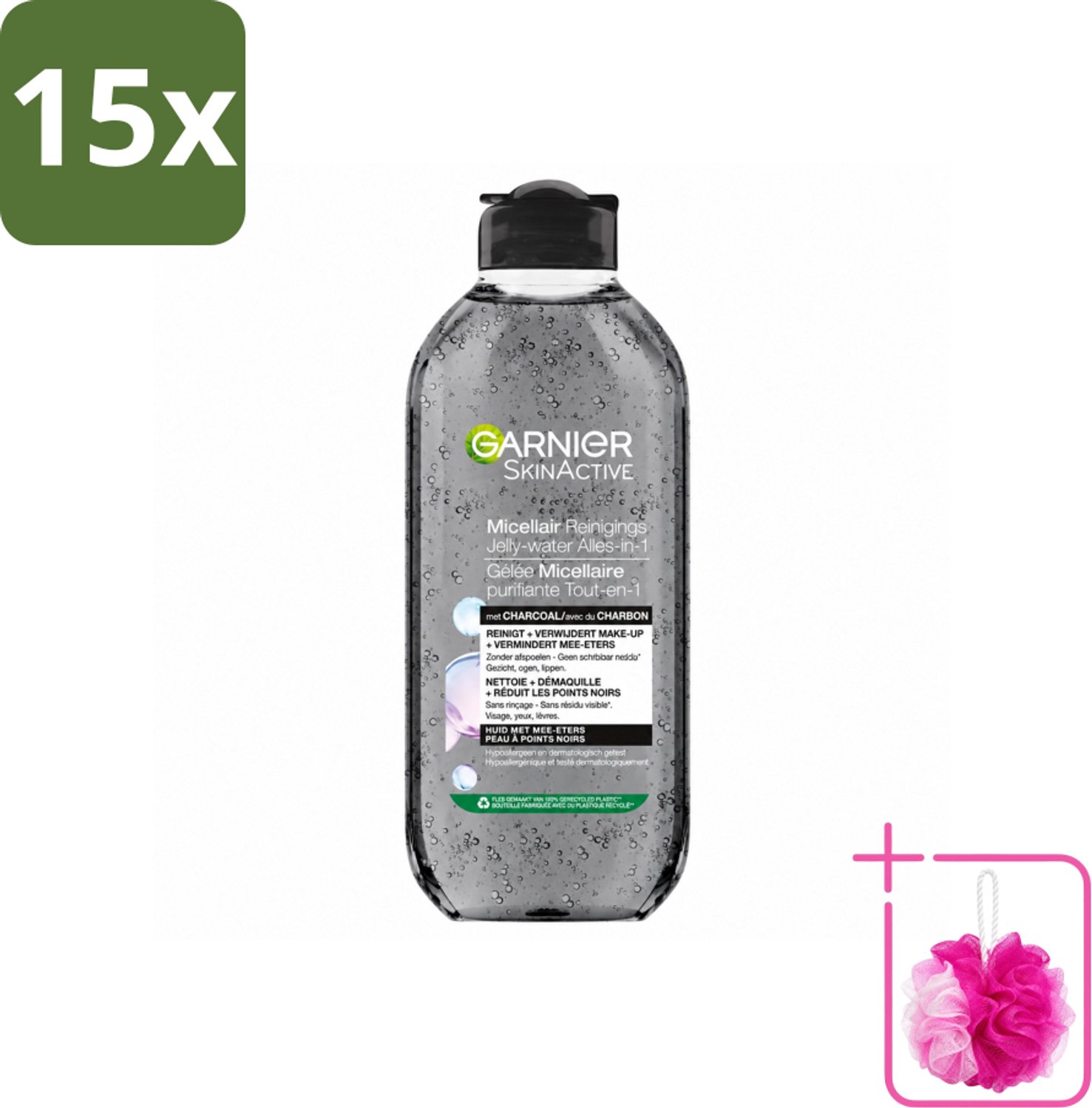 15 x Garnier - SkinActive - Micellair Jelly-water - Alles-in-1 - Charcoal - 400 ml - Bulkverpakking - Huid reinigen - Douchemop - Make-up verwijderen