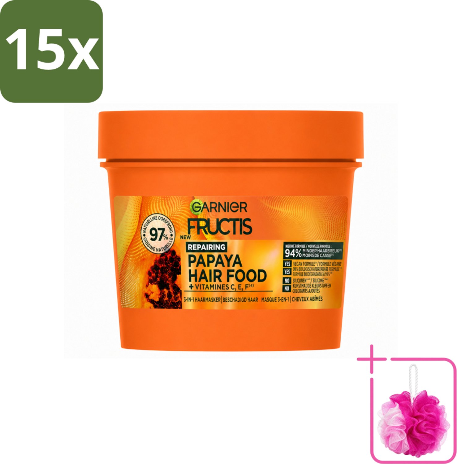 15 x Garnier - Fructis Hair Food Papaya - 3-in-1 Haarmasker - Beschadigd Haar - 400 ml - Bulkverpakking - Haarmasker - Douchemop - Haarvoeding
