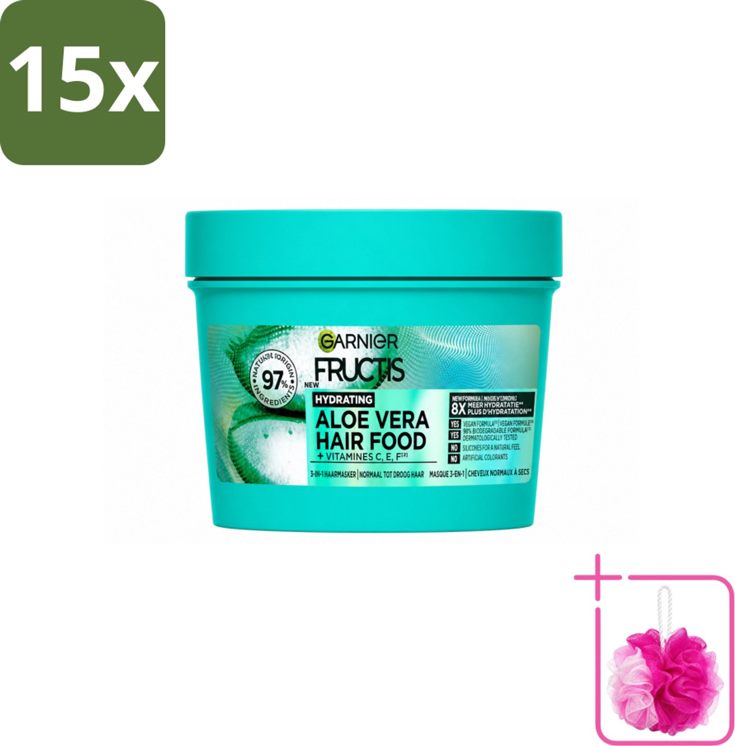 15 x Garnier - Fructis Hair Food Aloe Vera - 3-in-1 Haarmasker - Normaal tot Droog Haar - 400 ml - Bulkverpakking - Haarmasker - Douchemop - Hydratatie