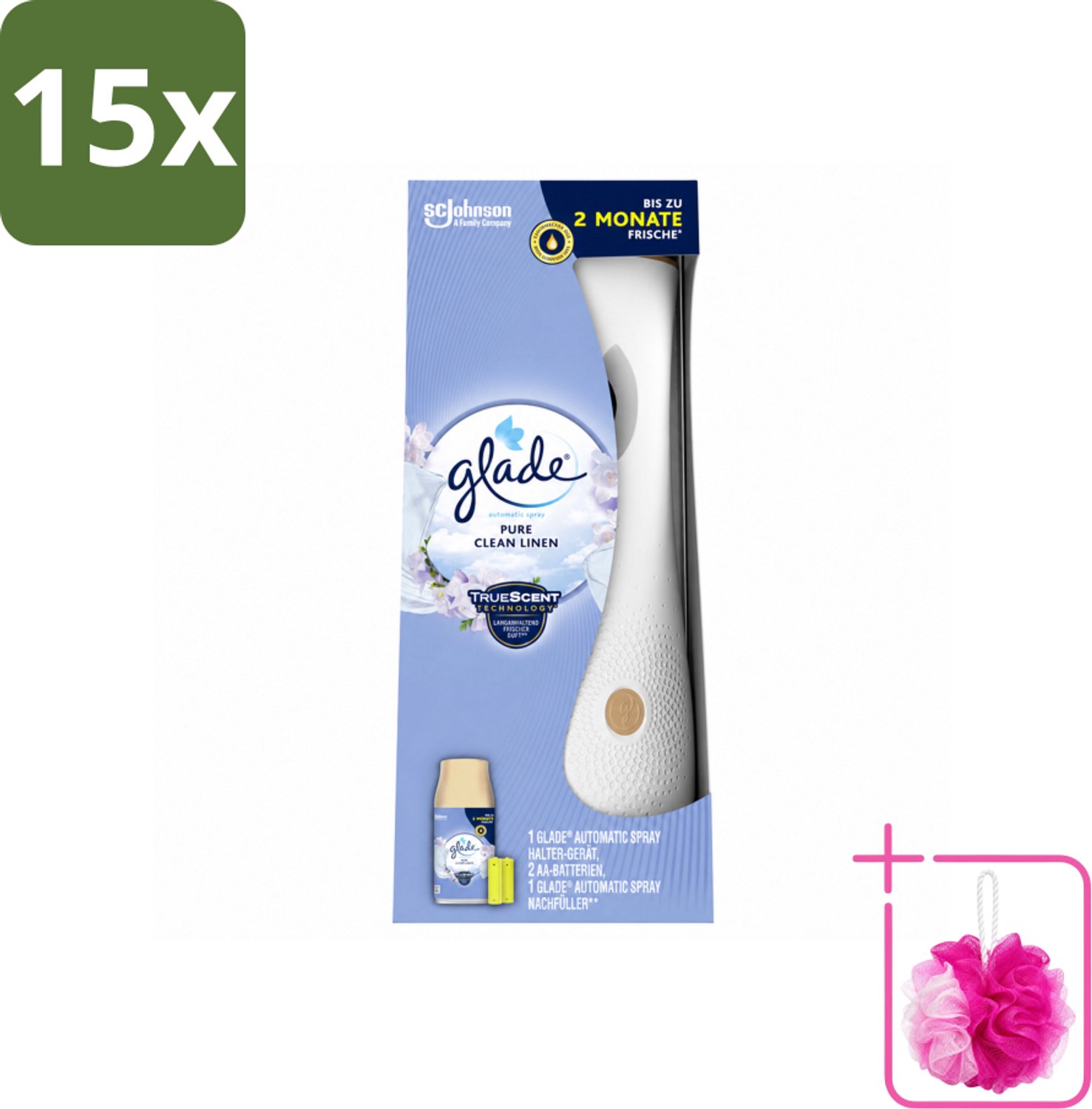 15 x Glade - Startset Automatische Spray - Pure Clean Linen - 269 ml - Bulkverpakking - Geur versgewassen linnengoed - Douchemop - Geur Pure Clean Linen