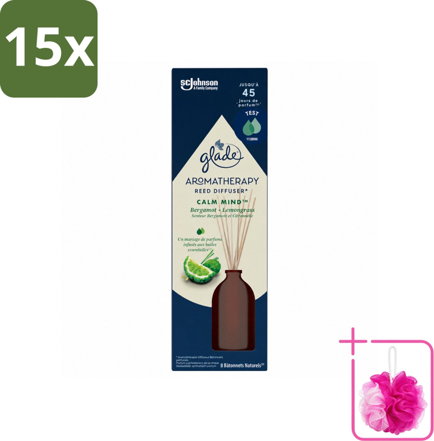15 x Glade - Geurstokjes Calm Mind - Aromatherapie Geurverspreiding - 80 ml - Bulkverpakking - Geurstokjes - Douchemop - Ontspanning