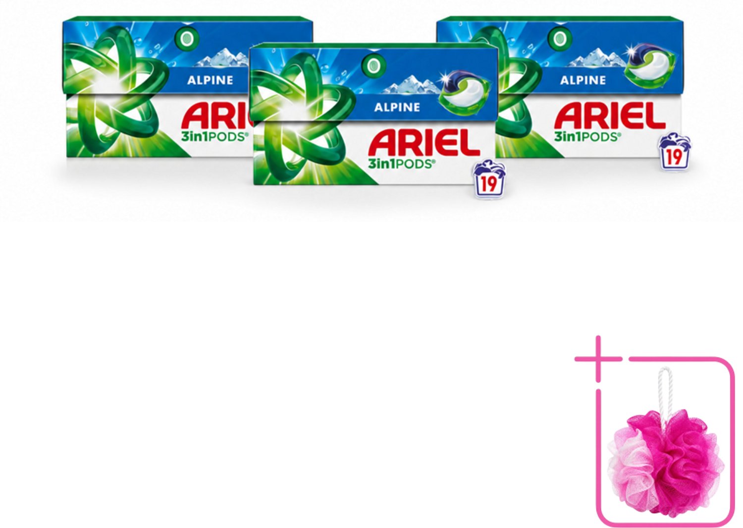 3 x Ariel - 3in1 Wasmiddel Pods - Alpine - 19 Pods - Bulkverpakking - Wasmiddel pod - Douchemop - Reiniging
