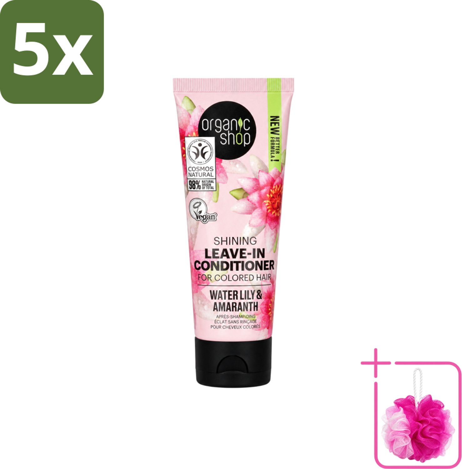 5 x Organic Shop - Shining Leave-In Conditioner Water Lily & Amaranth - 75 ml - Bulkverpakking - Haarkleur bescherming - Douchemop - Natuurlijke haarkleur