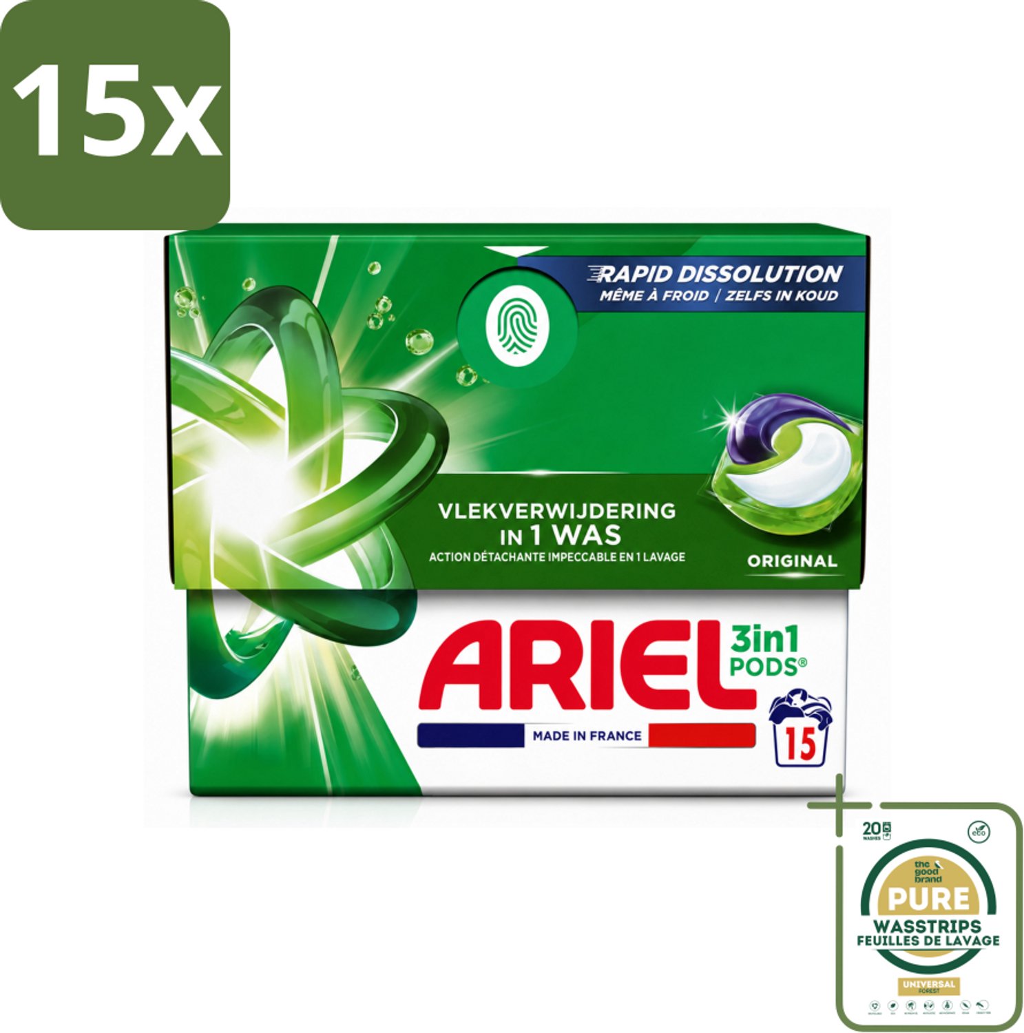 15 x Ariel - 3in1 Wasmiddel Pods - Original - 15 Pods - Wasstrips - Ariel 3in1 Pods - Wasmiddel Pod - Wasmiddel Voor Koude Was - Krachtige Wasmiddel - Vlekverwijderend Wasmiddel
