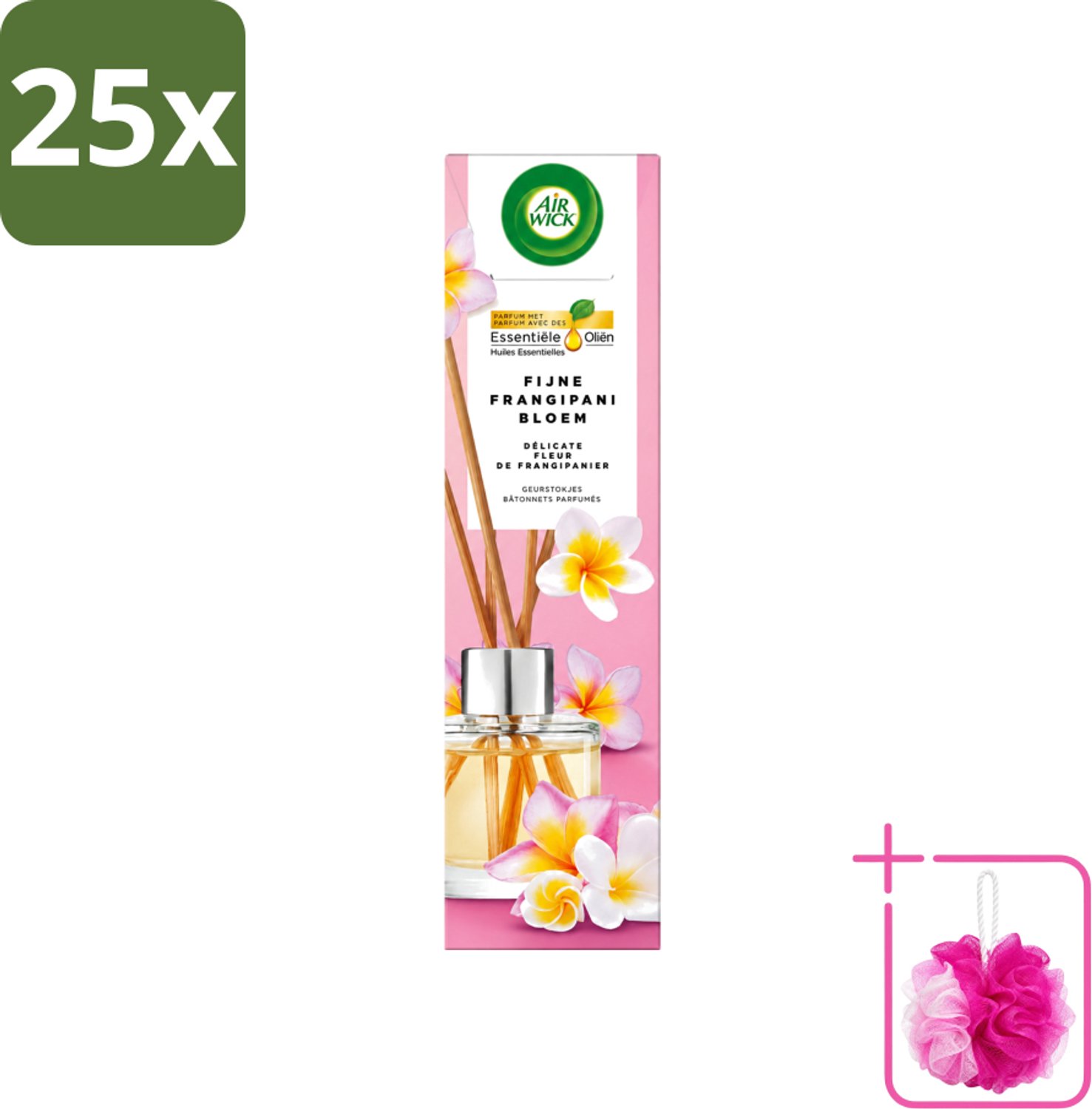 25 x Air Wick - Geurstokjes - Delicate Frangipani Bloemen - Essentiële Oliën - 40 ml - Bulkverpakking - Geurstokjes - Douchemop - Frangipani