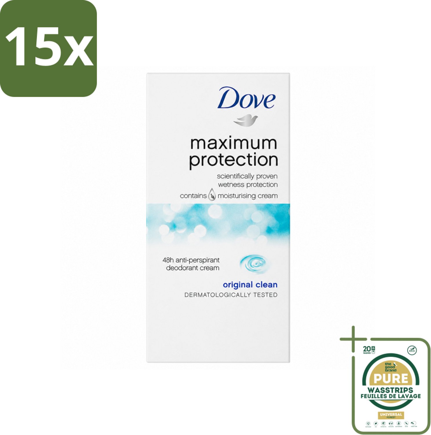 15 x Dove Deodorant Stick - Maximum Protection - Original Clean - 45 ml - Wasstrips - Anti-transpirant - Deodorant - Okselbescherming - Zweetbehandeling - Geurvermindering