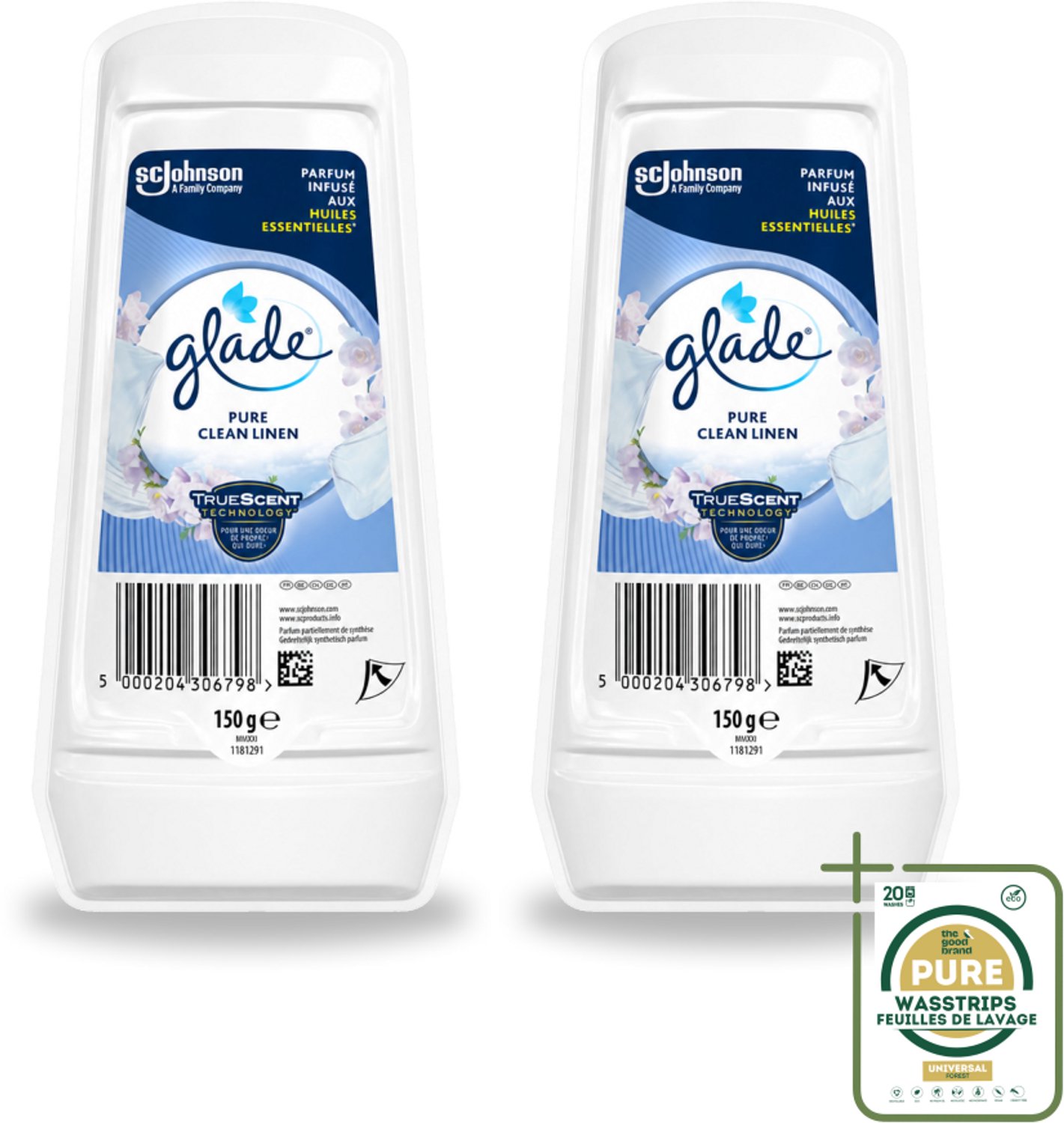 2 x Glade - Gel - Pure Clean Linen - 150 g - Wasstrips - Luchtverfrisser Gel - Frisse Geur - Linnengeur - Geurverspreider - Geur In Huis