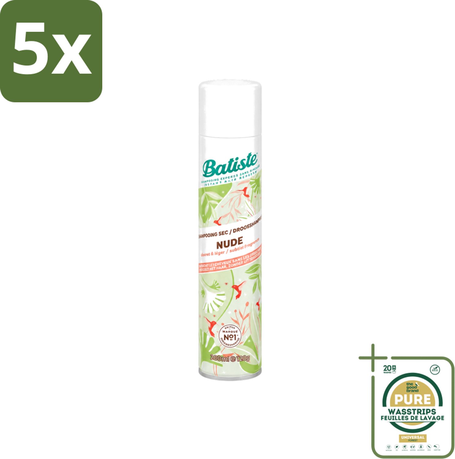 5 x Batiste - Nude - Droogshampoo - Frisse Look - Volume en Textuur - 200ml - Wasstrips - Droogshampoo - Fris Haar - Droog Haar - Vet Haar - Haartype