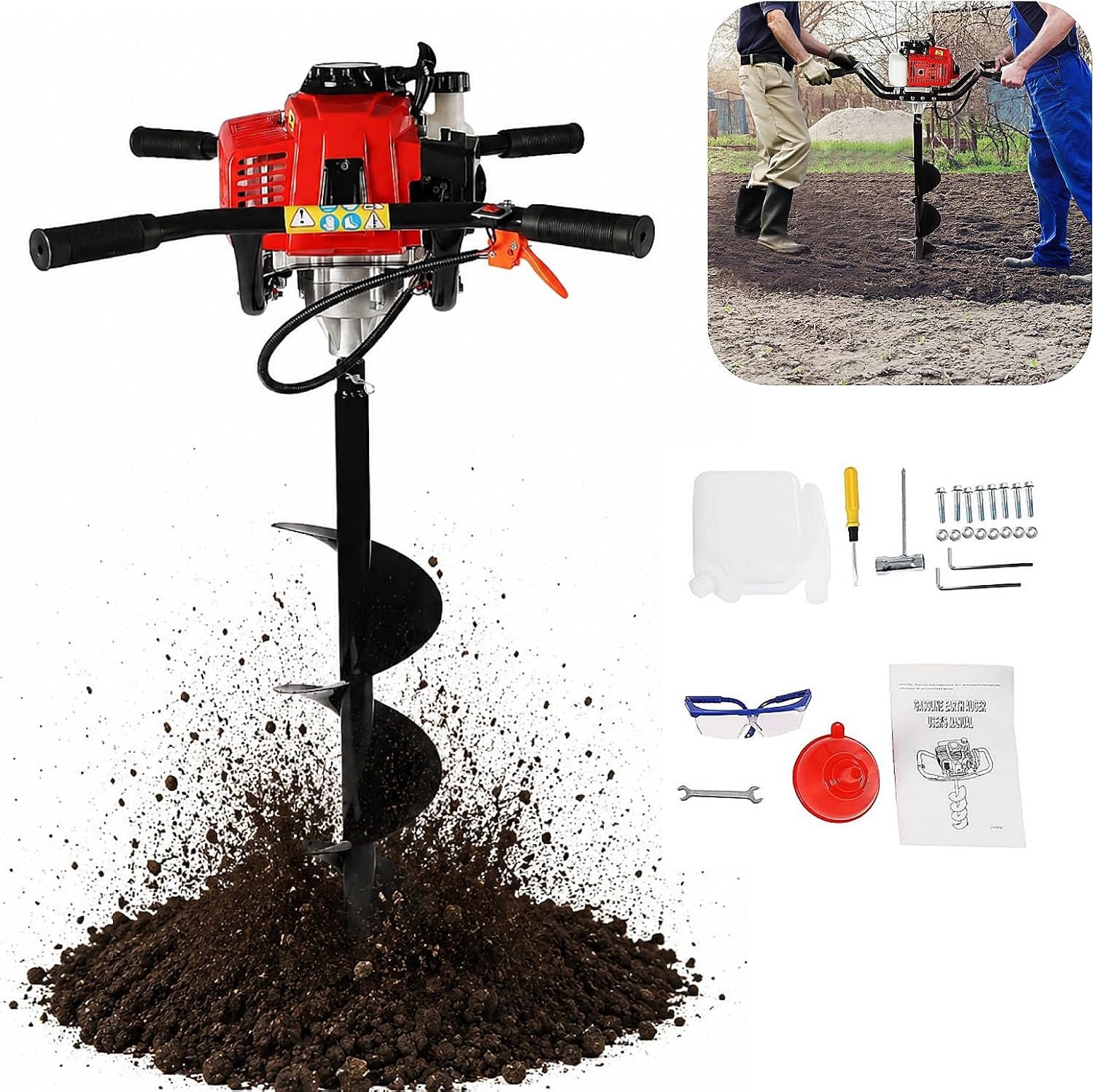 Grondboor, benzine, 63 cc, 3 pk, 2-takt motor, handheld tuinboor met 200 mm boorkroon, veiligheidsbril, professionele grondboor, 7500 rpm, grondboor voor tuinen en gazons