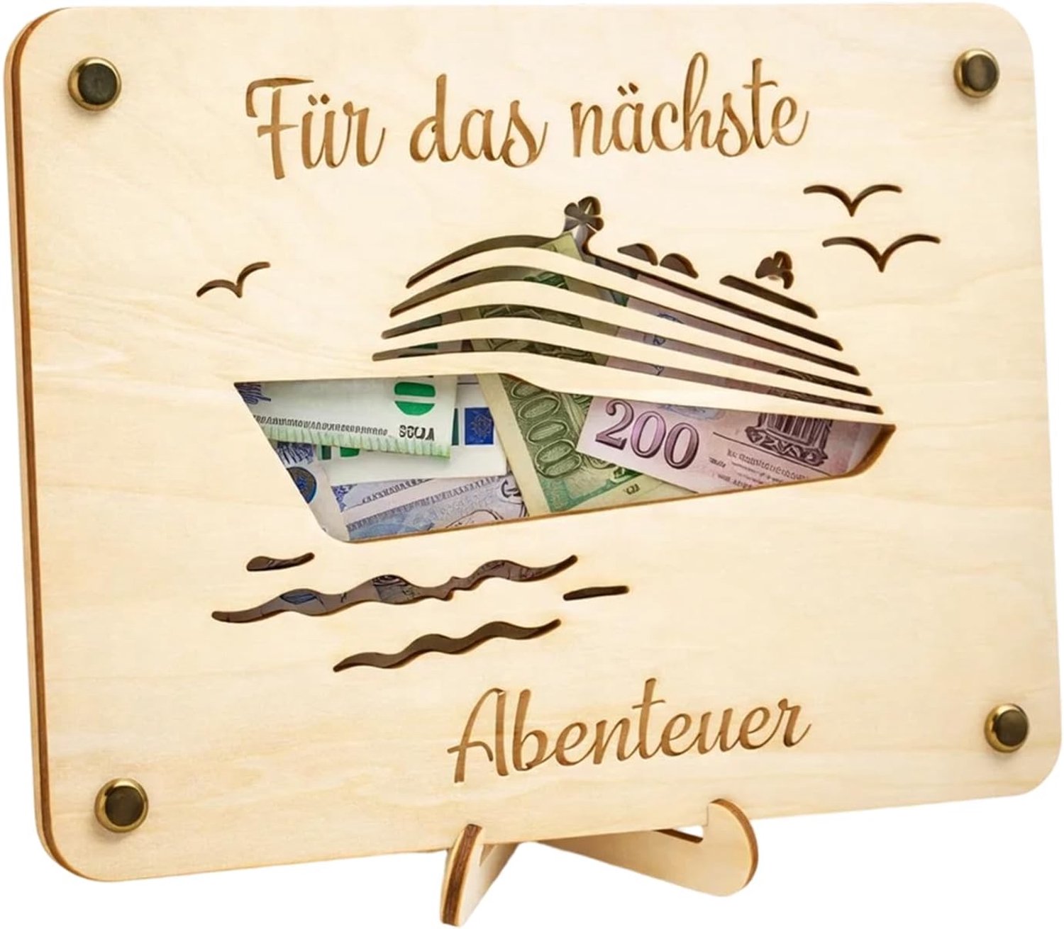 Geldgeschenk van hout in scheepsdesign met standaard - originele geschenkverpakking voor geld en waardebonnen voor bruiloften, verjaardagen, cruises