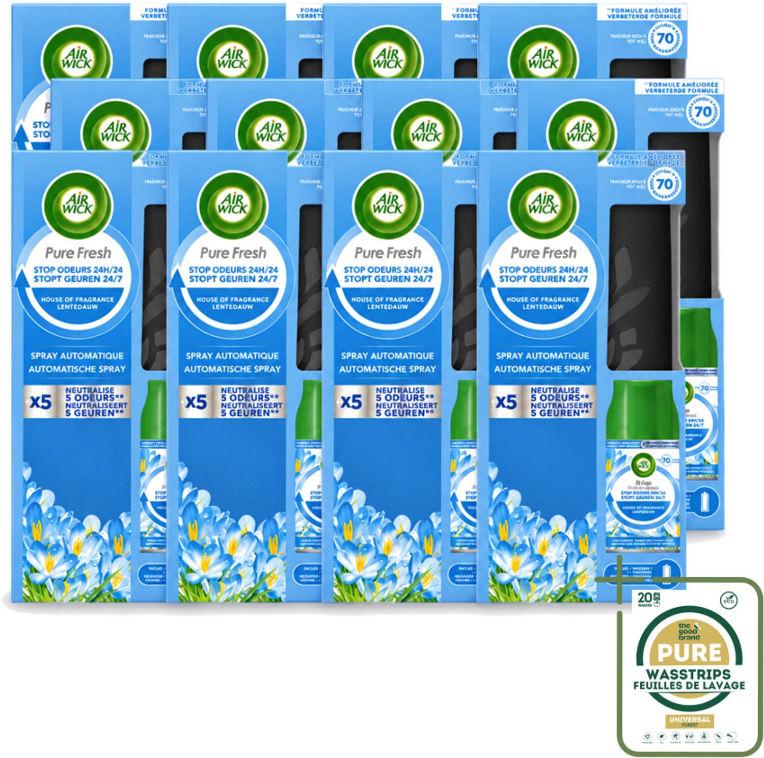 12 x Air Wick - Freshmatic Spray - Starterkit - Pure Fresh Lentedauw - 250 ml - Wasstrips - Automatische Luchtverfrisser - Lentegeur - Frisse Geur - Luchtverfrisser Badkamer - Luchtverfrisser Huis