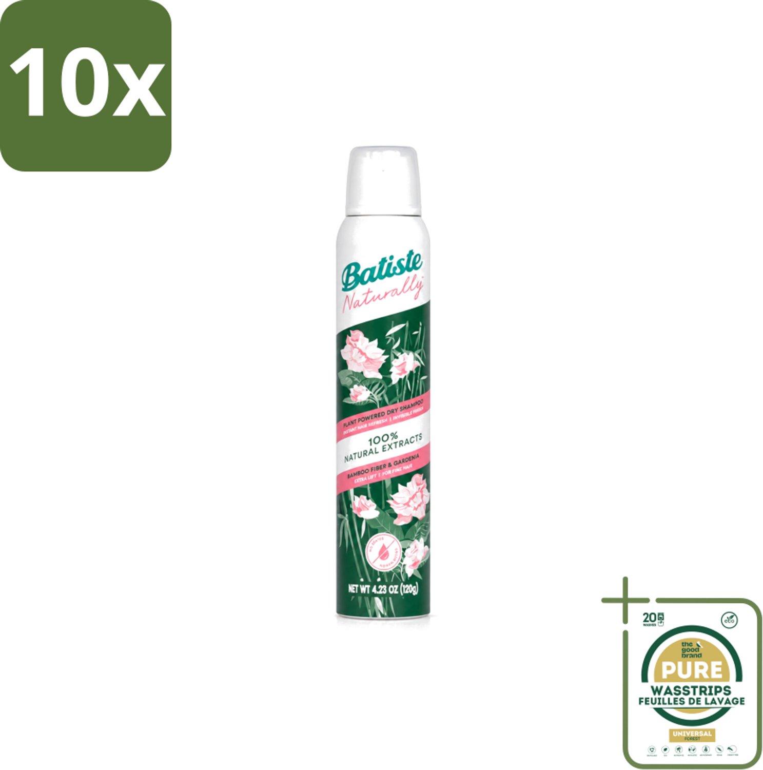 10 x Batiste - Naturally Bamboo Fibre & Gardenia - Droogshampoo - Versterkt en Verfrist - 100% Natuurlijk - 200ml - Wasstrips - Natuurlijke Droogshampoo - Haarkleur - Haartype - Vet Haar - Droog Haar