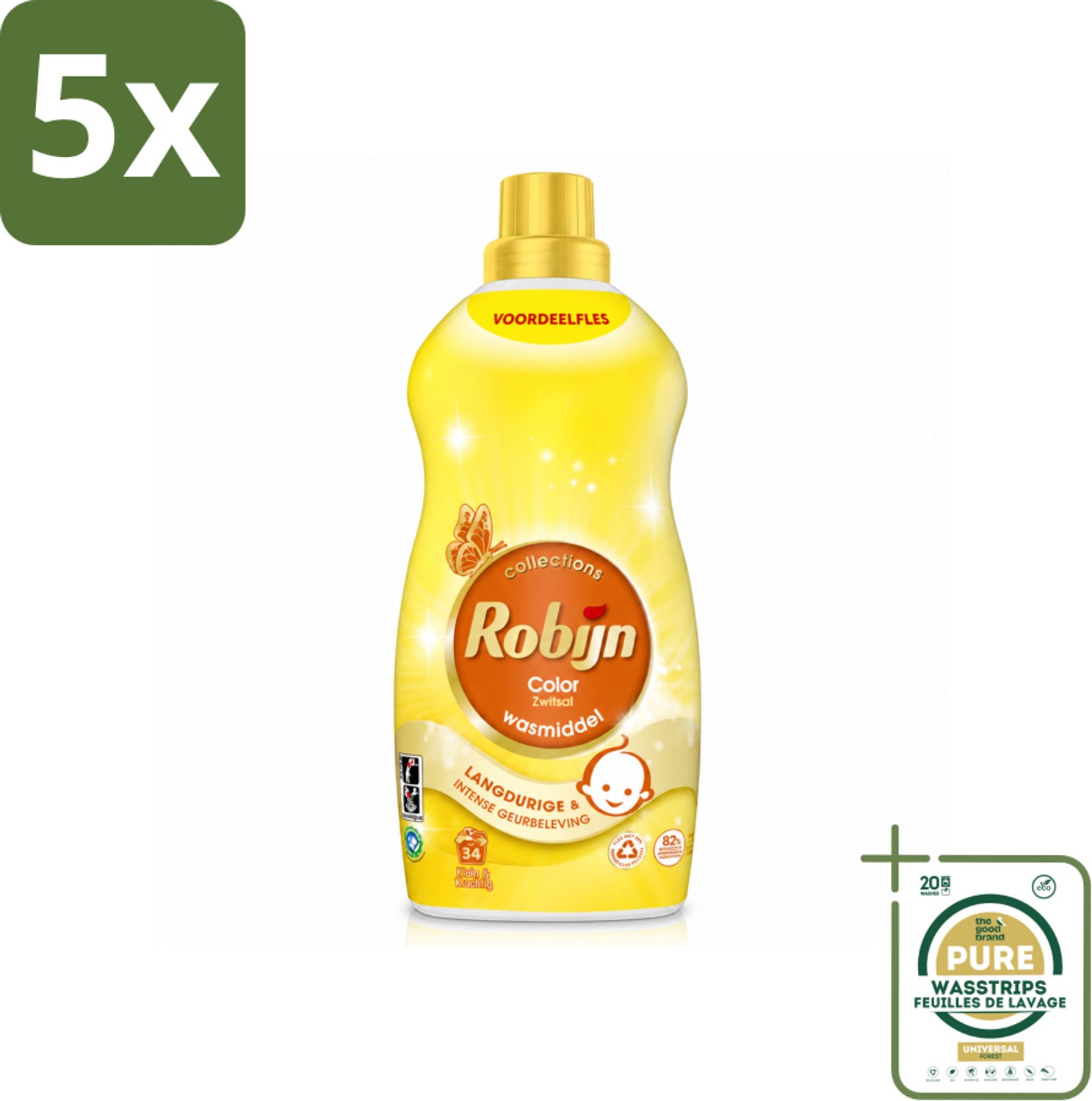 5 x Robijn - Klein & Krachtig Zwitsalgeur - Vloeibaar Wasmiddel - 34 Wasbeurten - 1,19 L - Wasstrips - Wasmiddel Zwitsal - Geur Zwitsal - Kleurbehoud - Gezond Wasmiddel - Biologisch Afbreekbaar