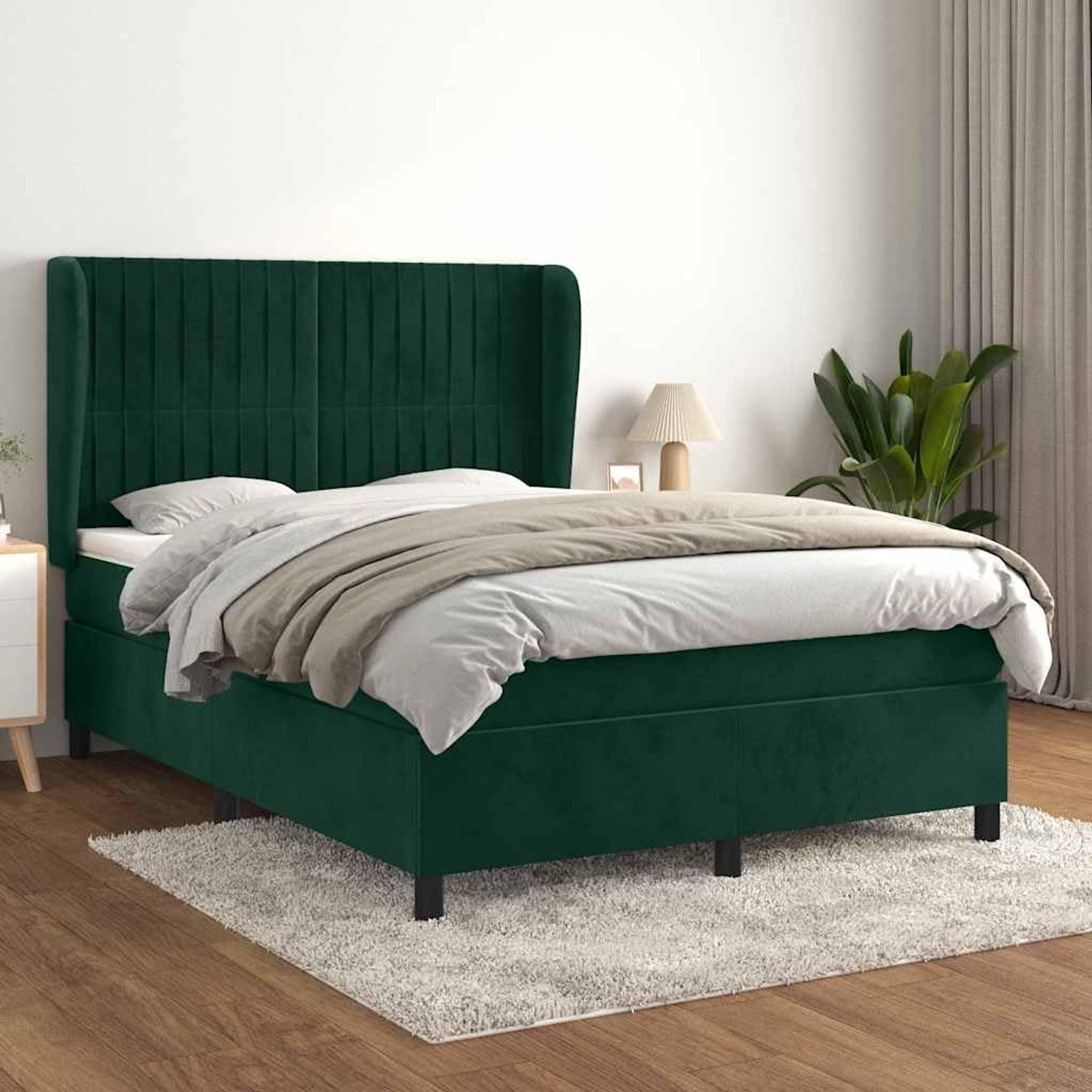 Boxspringbed met matras, donkergroen, 140 x 200 cm, fluweel, in hoogte verstelbaar, pocketvering, matrasbeschermer, huidvriendelijk, voor een goede nachtrust en ontspanning