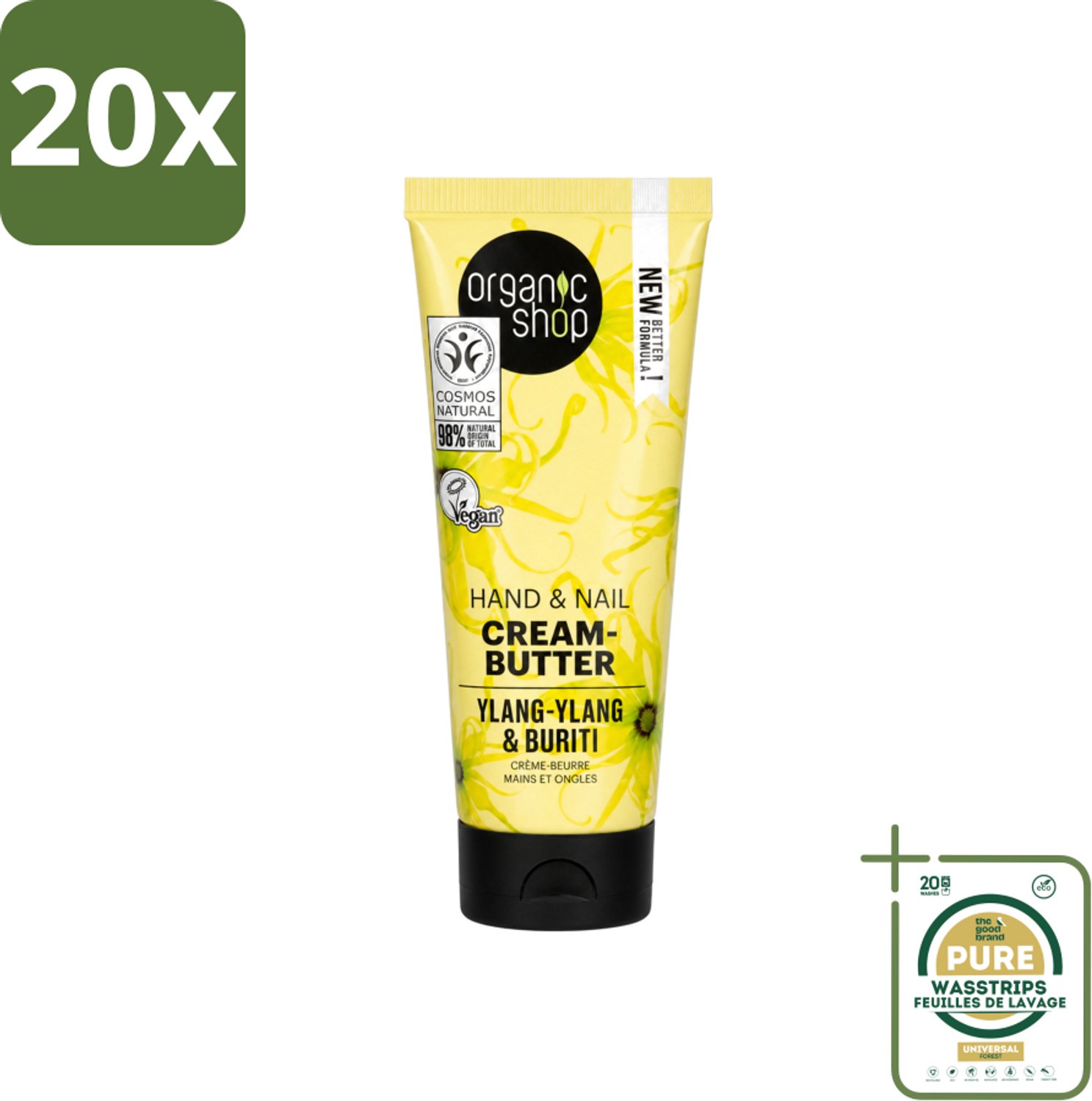 20 x Organic Shop - Ylang-Ylang & Buriti Hand & Nail Cream - Verzachtend en Herstellend - 75 ml - Wasstrips - Handcrème - Nagelcrème - Ylang-ylang - Buriti - Natuurlijke Handcrème