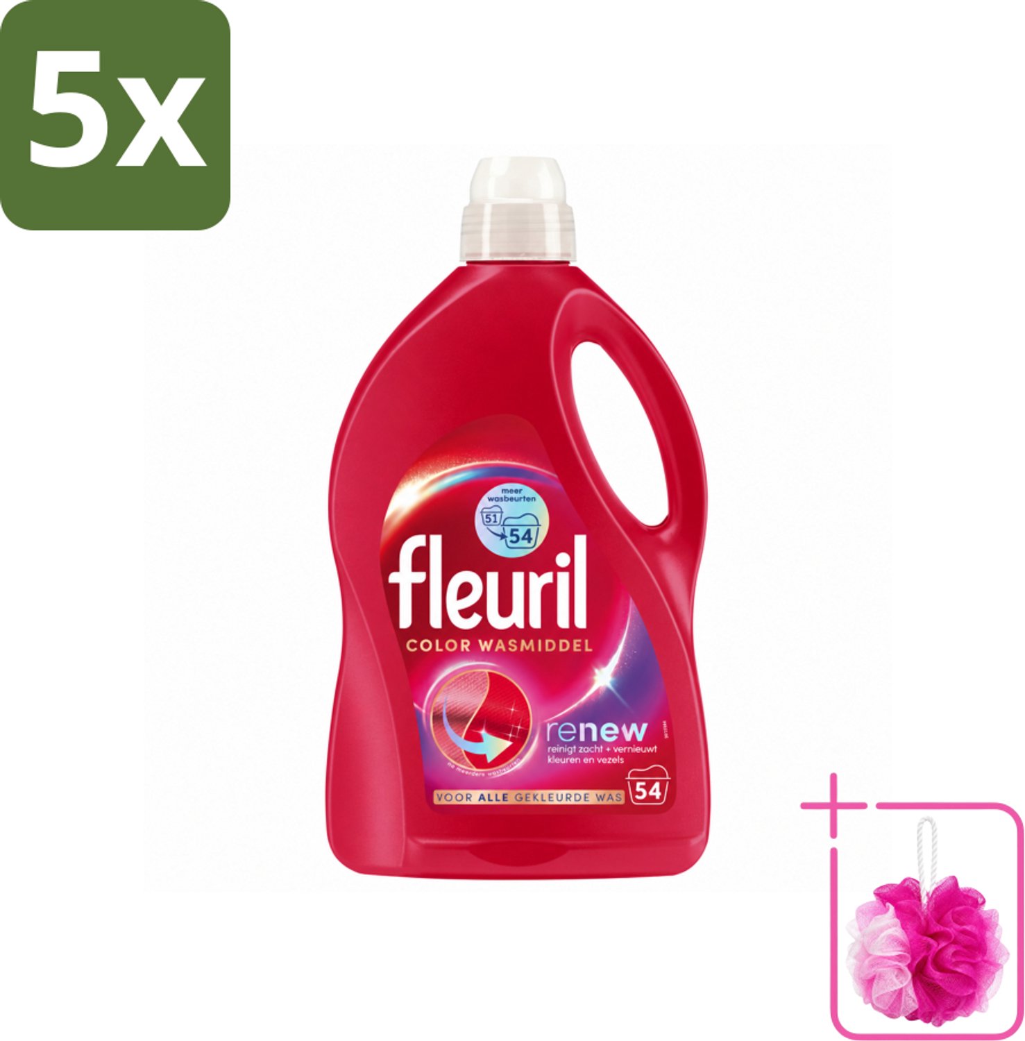 5 x Fleuril - Wasmiddel - Renew Color Vloeibaar Wasmiddel - Gekleurde Was - 54 wasbeurten - Bulkverpakking - Kleurbehoud - Douchemop - Wasmiddel voor gekleurde kleding