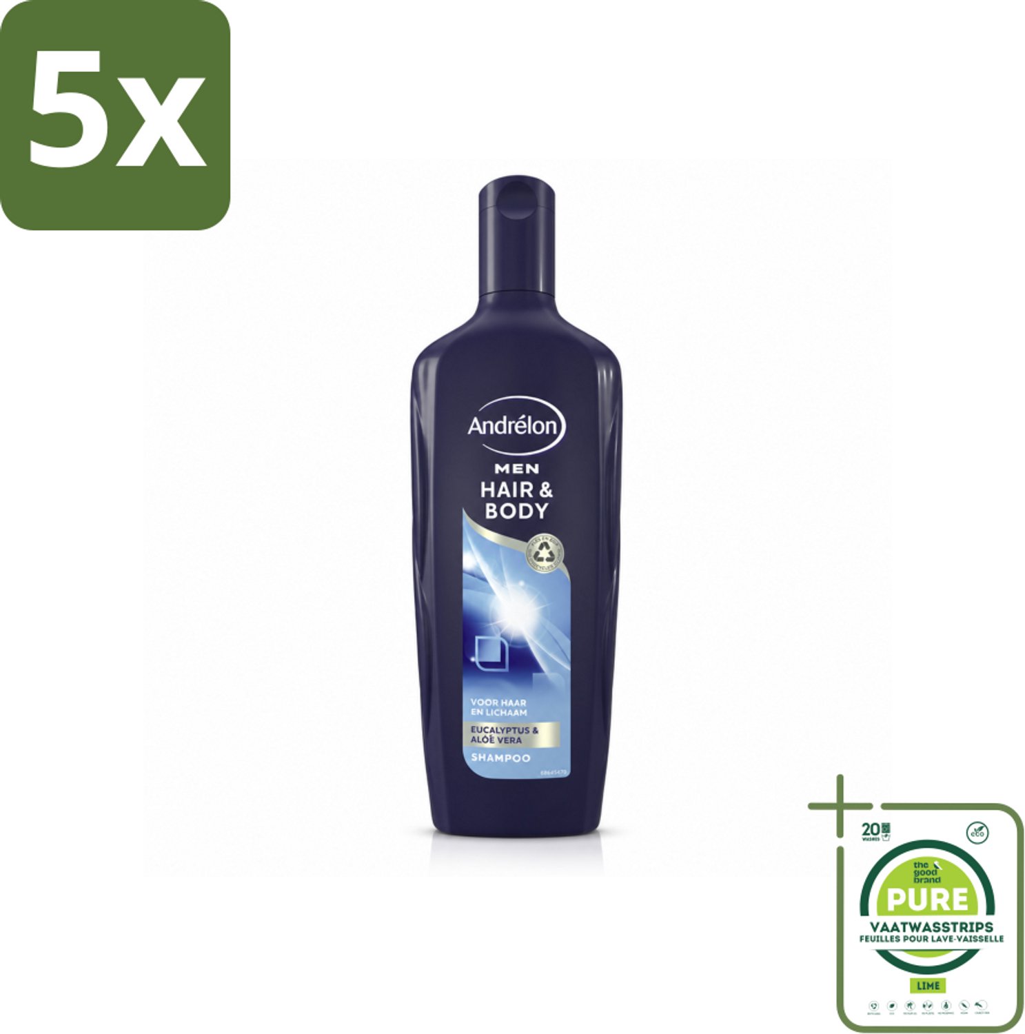 5 x Andrélon - Men - Hair & Body - Shampoo - 300 ml - Grootverpakking - Vaatwasstrips - Haar En Lichaam Verzorgen - Mannelijke Haar En Lichaam Verzorging - Eucalyptus En Aloë Vera - 2-in-1 Shampoo En Bodywash - Hydraatende Shampoo