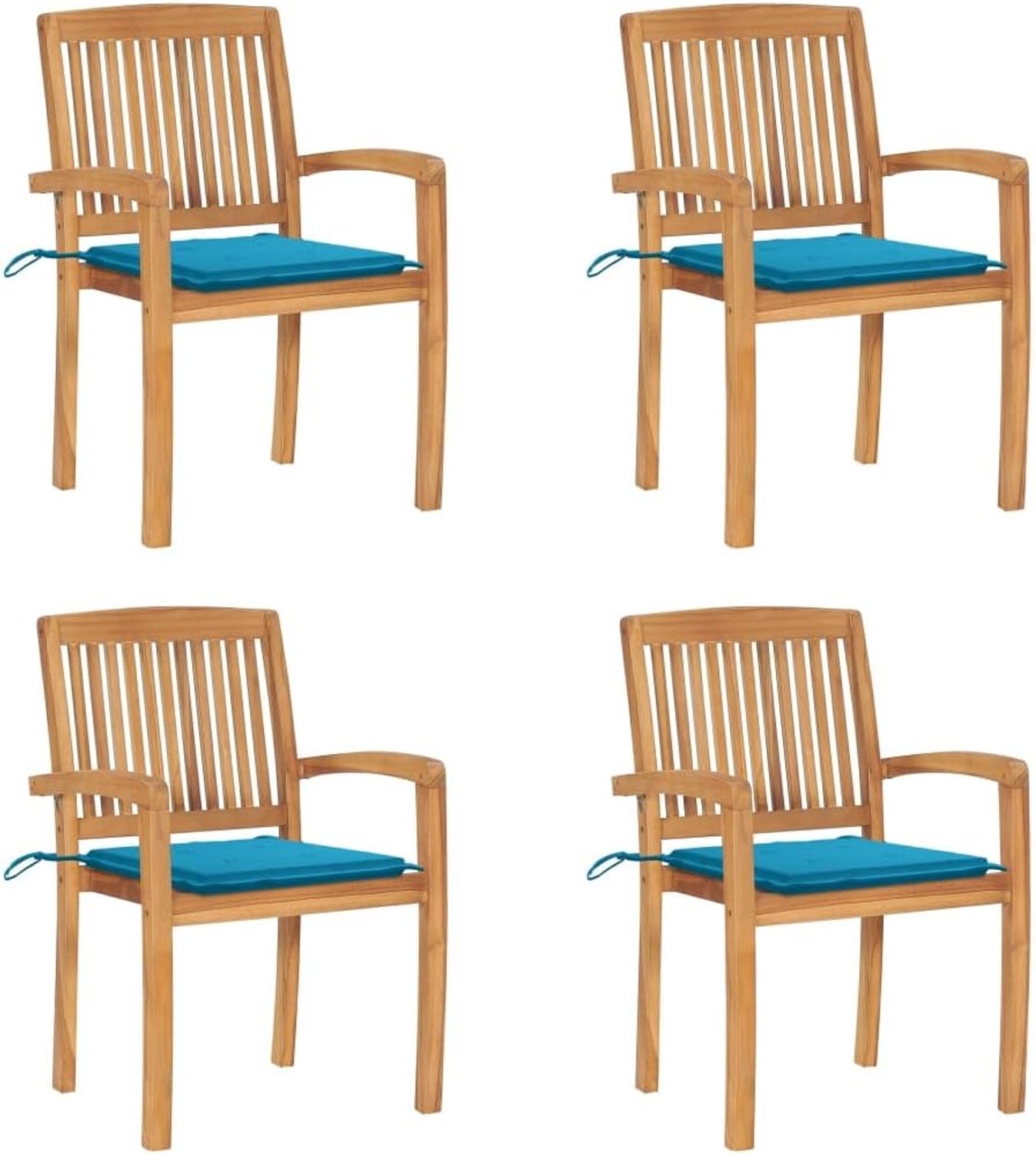 Stapelbare tuinstoelen van massief hout teak met kussens, 4 stuks, voor eetkamer, terras, weerbestendige houten stoelenset met zachte bekleding, elegant design voor binnen