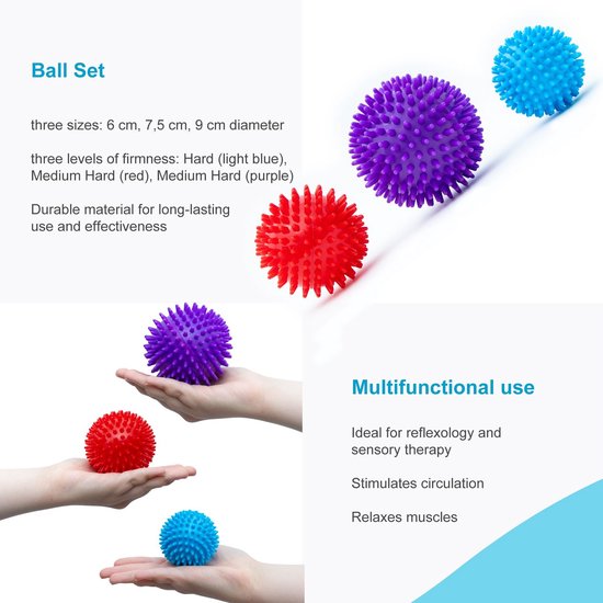 Intirilife massagebal set van 3 fascieballen in paars - rood - blauw puistbal - 9 / 7,5 / 6 cm - egelbal voor zelfmassage massagebal voor rug benen voeten reflexzones stekelige bal — cadeau in Verzorging - foto 6