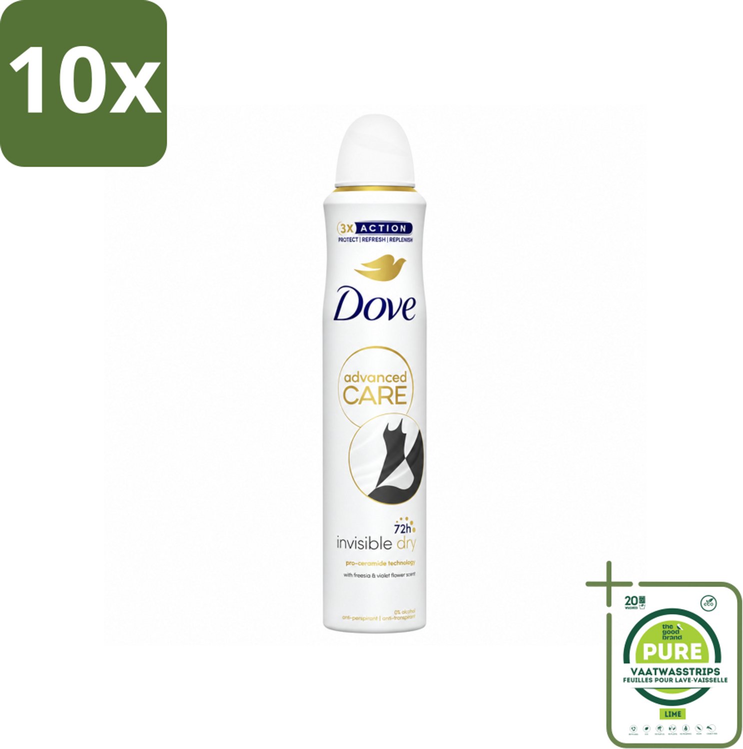 10 x Dove Deodorant Spray - Invisible Dry - 200 ml - Grootverpakking - Vaatwasstrips - Dove Deodorant Spray - Onzichtbare Deodorant - Zweetvermindering - Lichaamsgeur - Okselbescherming