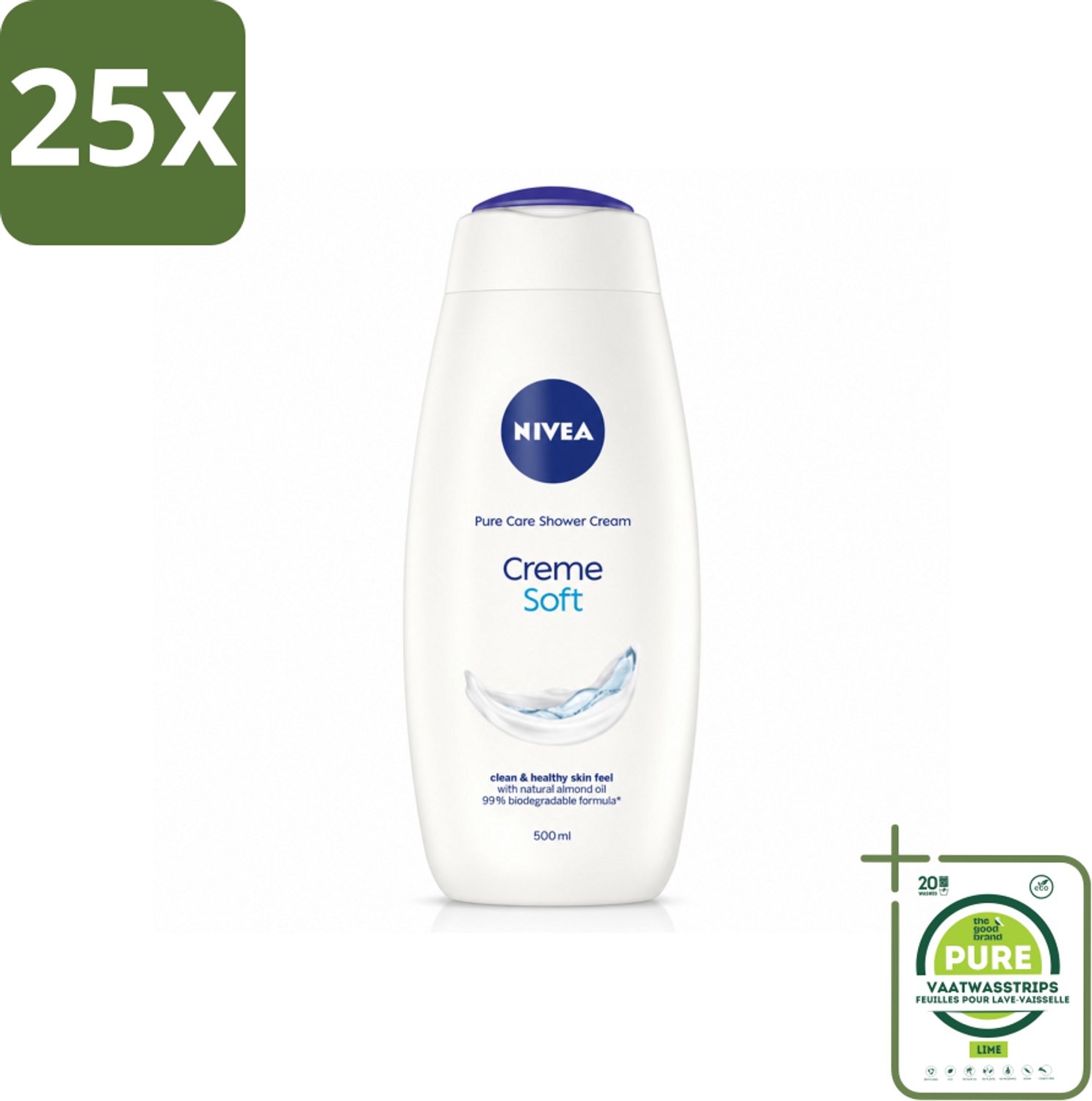 25 x NIVEA - Douchecrème - Zacht - Huidbeschermend - Amandelolie - 500 ml - Grootverpakking - Vaatwasstrips - Douchecrème - Huid Verzorgen - Amandelolie - Zijdezachte Huid - Hydratatie