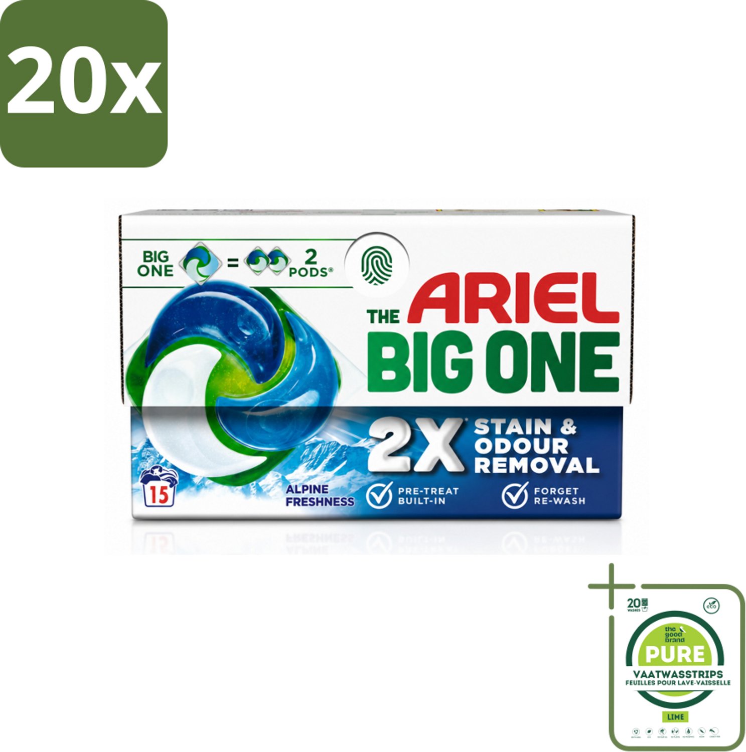 20 x Ariel - 3in1 Wasmiddel Pods - The Big One - Alpine - 15 Pods - Grootverpakking - Vaatwasstrips - Wasmiddel - Wasmiddelpod - Reinigingskracht - Vlekverwijdering - Alpine Geur
