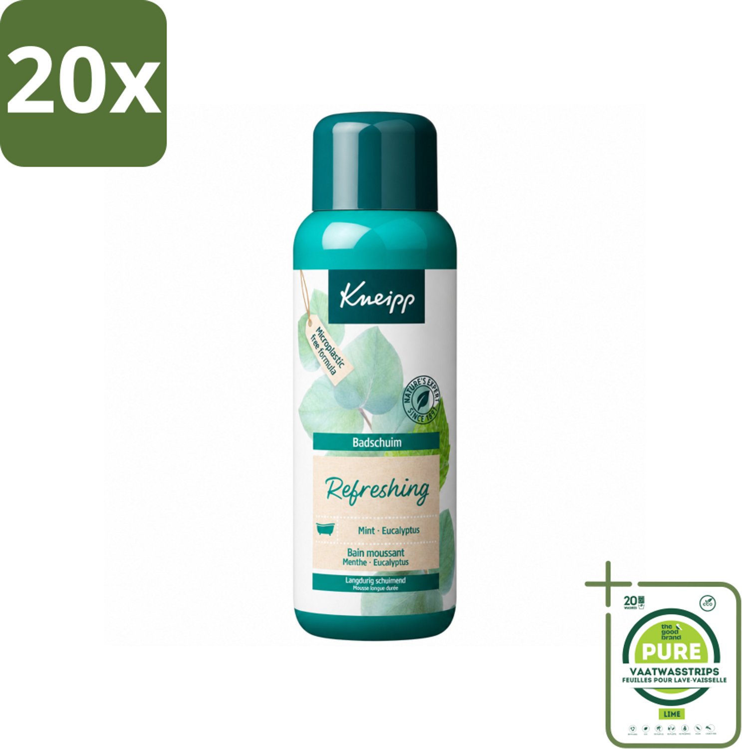 20 x Kneipp - Badschuim - Mint Eucalyptus - Verfrissend - 400 ml - Grootverpakking - Vaatwasstrips - Badshuim Mint Eucalyptus - Verfrissend Bad - Natuurlijke Energie - Ontspannend Bad - Schuimbad