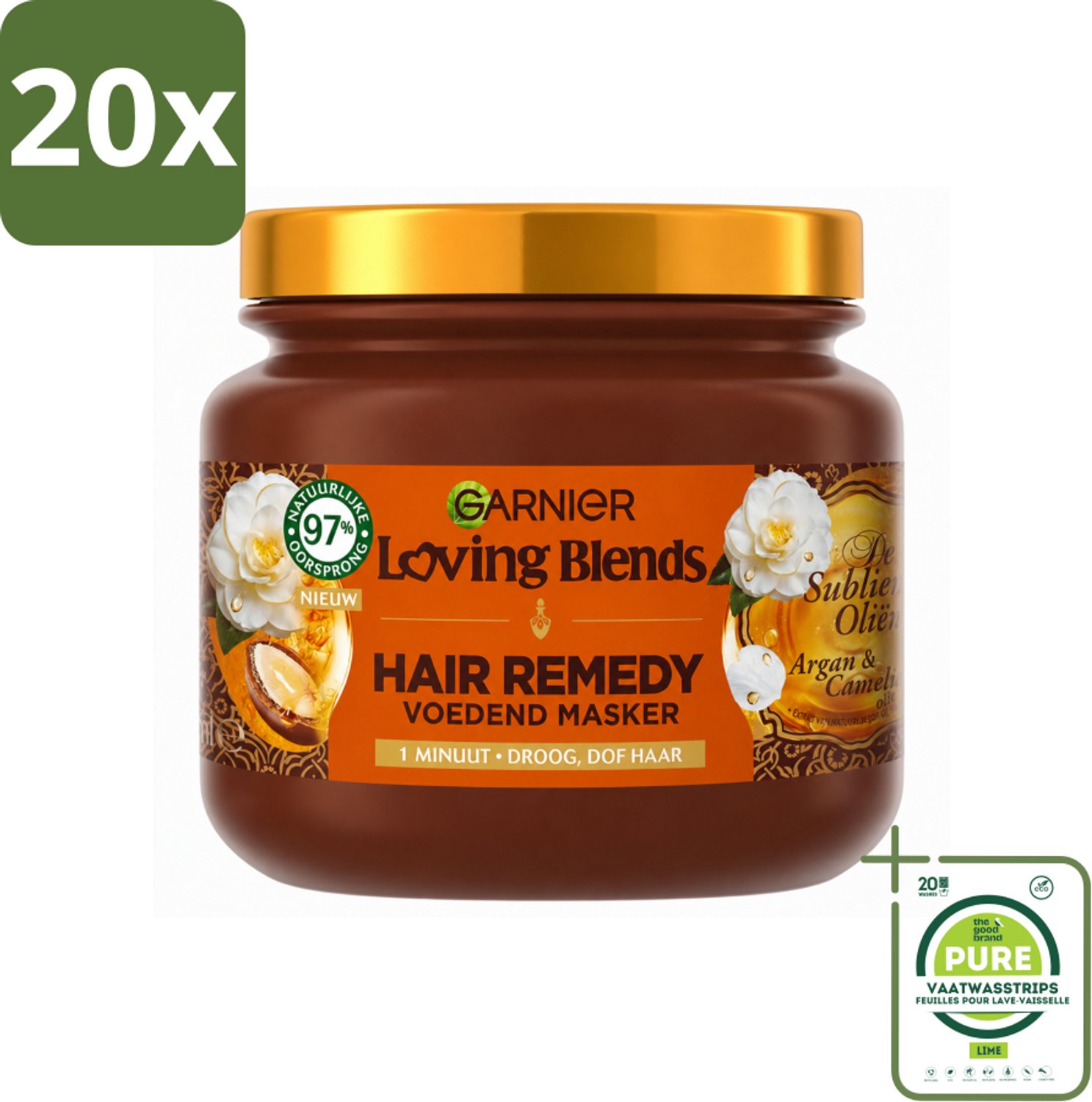 20 x Garnier - Loving Blends - Haarmasker - Argan & Cameliaolie - Droog & Dof Haar - 340 ml - Grootverpakking - Vaatwasstrips - Haarmasker - Arganolie - Cameliaolie - Droog Haar - Dof Haar