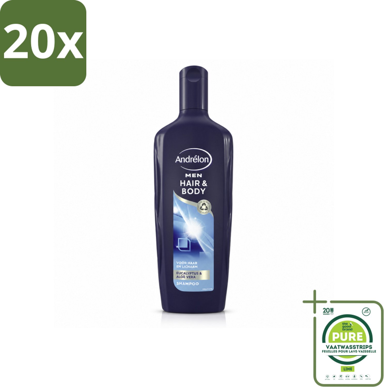 20 x Andrélon - Men - Hair & Body - Shampoo - 300 ml - Grootverpakking - Vaatwasstrips - Haar En Lichaam Verzorgen - Mannelijke Haar En Lichaam Verzorging - Eucalyptus En Aloë Vera - 2-in-1 Shampoo En Bodywash - Hydraatende Shampoo