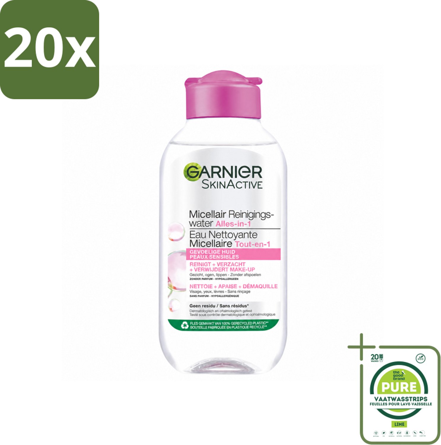 20 x Garnier - SkinActive - Micellair Reinigingswater - Gevoelige Huid - Reisformaat - 100 ml - Grootverpakking - Vaatwasstrips - Micellair Reinigingswater - Gevoelige Huid - Make-up Verwijderen - Reinigen Zonder Afspoelen - Gezichtsreiniger