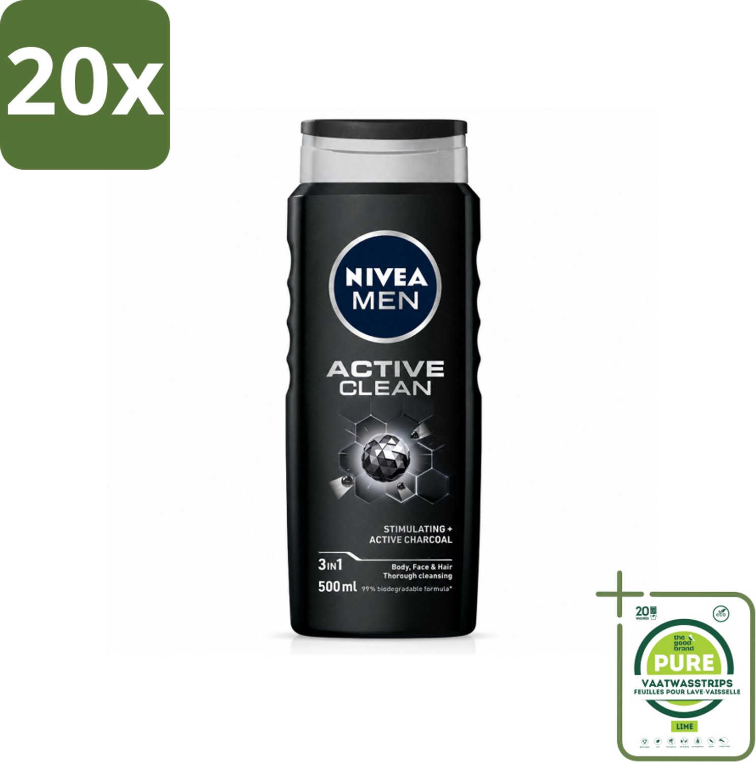 20 x NIVEA MEN - Douchegel - Active Clean - 500 ml - Grootverpakking - Vaatwasstrips - Douchegel Mannen - Actief Houtskool - Reinigende Douchegel - Lichaam Reinigen - Gezicht Reinigen