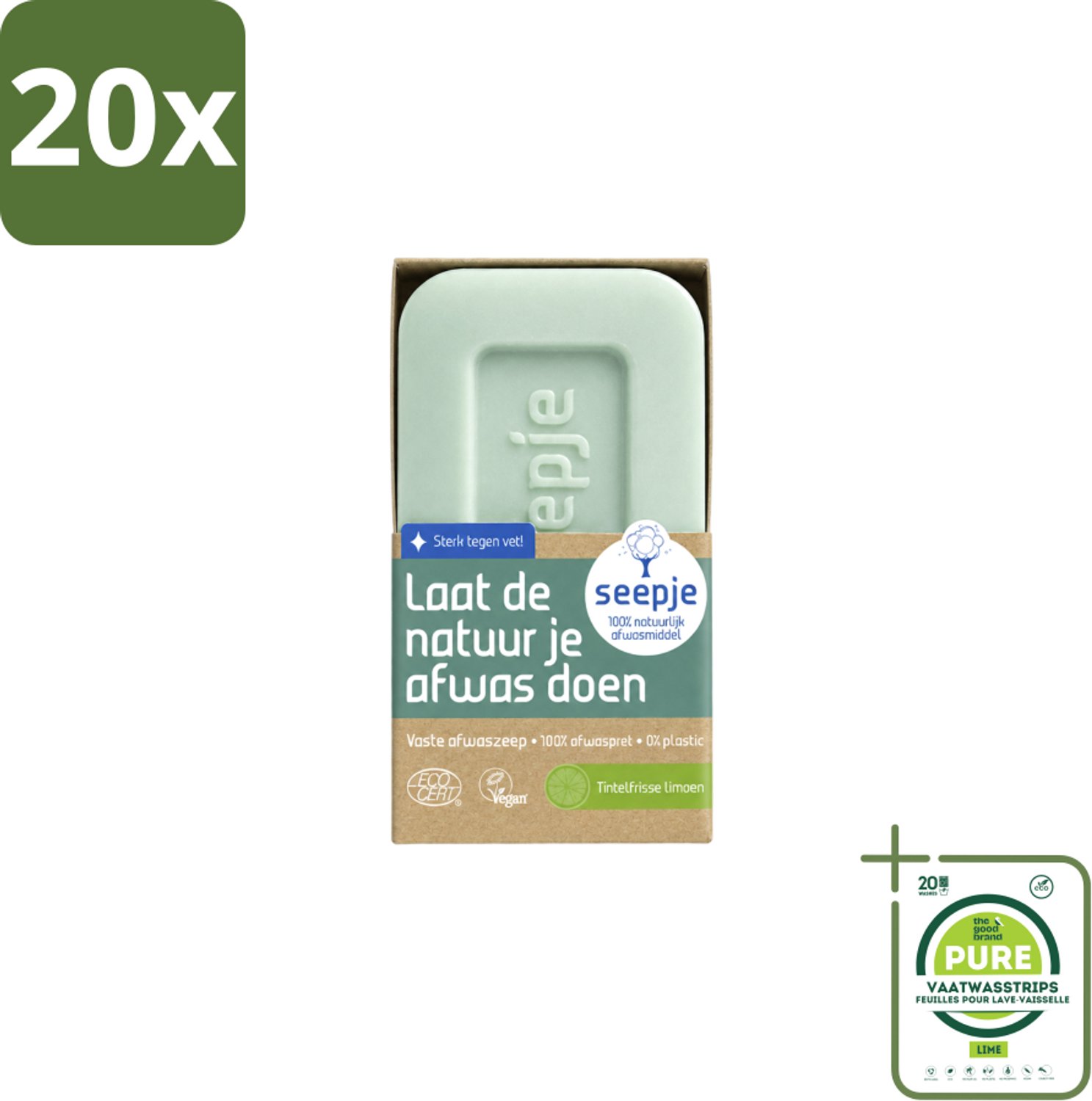 20 x Seepje - Afwaszeep - Handgemaakt & Biologisch - Tintelfrisse Limoen Geur - 120 gr - Grootverpakking - Vaatwasstrips - Afwaszeep - Handgemaakte Zeep - Biologische Zeep - Milieuvriendelijke Zeep - Limoen Geur